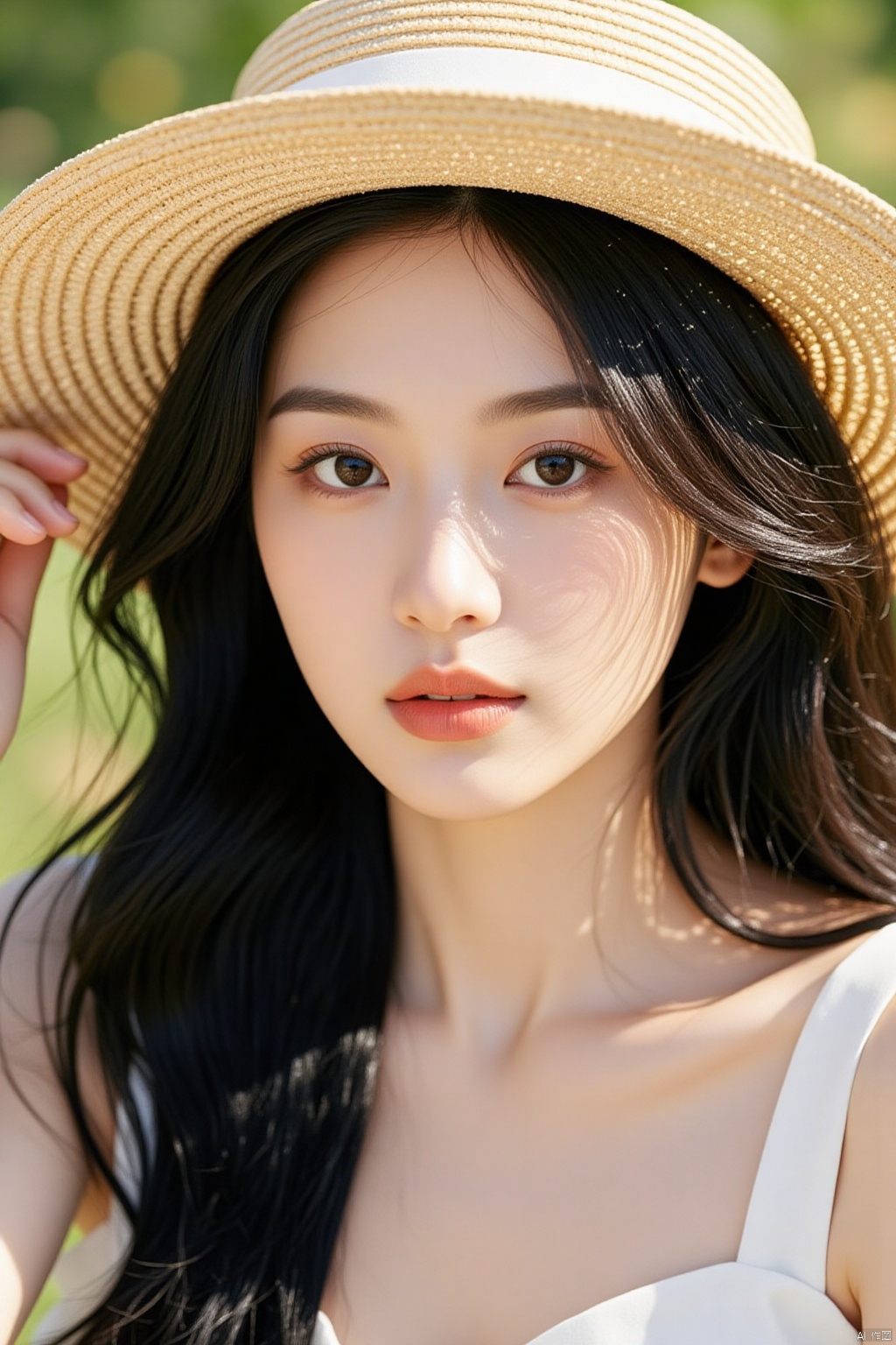 A close-up shot of a young Asian woman with long dark hair and a straw hat on her head. The woman's eyes are blue and her eyebrows are brown. Her eyebrows are light brown and her lips are a darker pink. She is wearing a white dress with a white collar. The background is blurred, but it appears to be a sunny day.