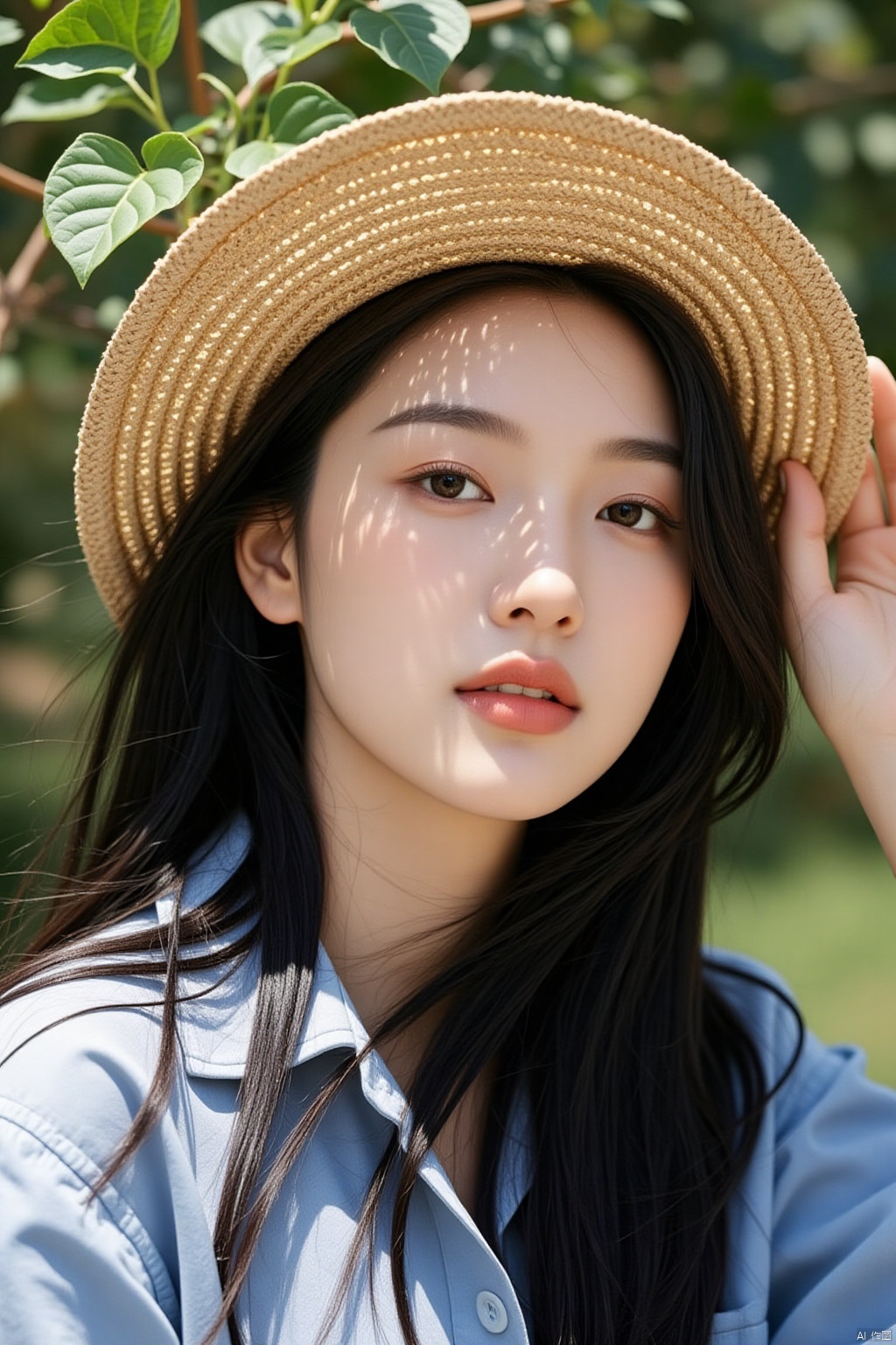 a close-up shot captures a young Asian woman with long dark hair, wearing a straw hat. Her eyes are a piercing blue, and her lips are a lighter shade of pink. Her hair cascades over her shoulders, adding a touch of texture to her face. She is wearing a light blue shirt, while her left hand is resting on her head. The background is blurred, suggesting a natural setting.