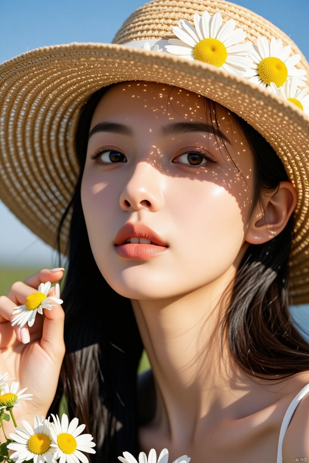 a close-up shot of a woman's face is adorned with a straw hat adorned with white daisies. Her eyes are a deep brown, and her hair is a dark brown, cascading down her shoulders. Her lips are painted a vibrant pink, adding a pop of color to her face. Her left hand is holding a small cluster of daisy flowers, adding depth to the composition. The background is a soft blue, and the sun is shining on her face, creating a stark contrast.,Retro film style