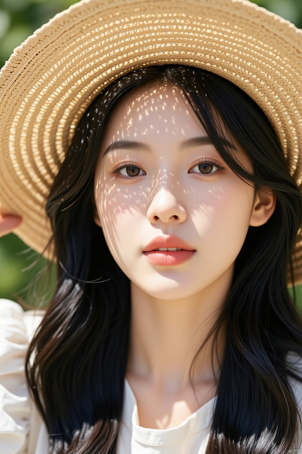 A close-up shot of a young Asian woman with long dark hair and a straw hat on her head. The woman's eyes are blue and her eyebrows are brown. Her eyebrows are light brown and her lips are a darker pink. She is wearing a white dress with a white collar. The background is blurred, but it appears to be a sunny day.