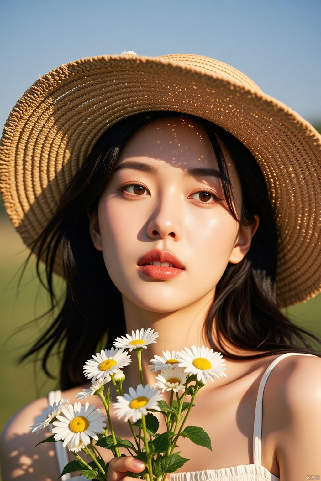 a close-up shot of a woman's face is adorned with a straw hat adorned with white daisies. Her eyes are a deep brown, and her hair is a dark brown, cascading down her shoulders. Her lips are painted a vibrant pink, adding a pop of color to her face. Her left hand is holding a small cluster of daisy flowers, adding depth to the composition. The background is a soft blue, and the sun is shining on her face, creating a stark contrast.,Retro film style