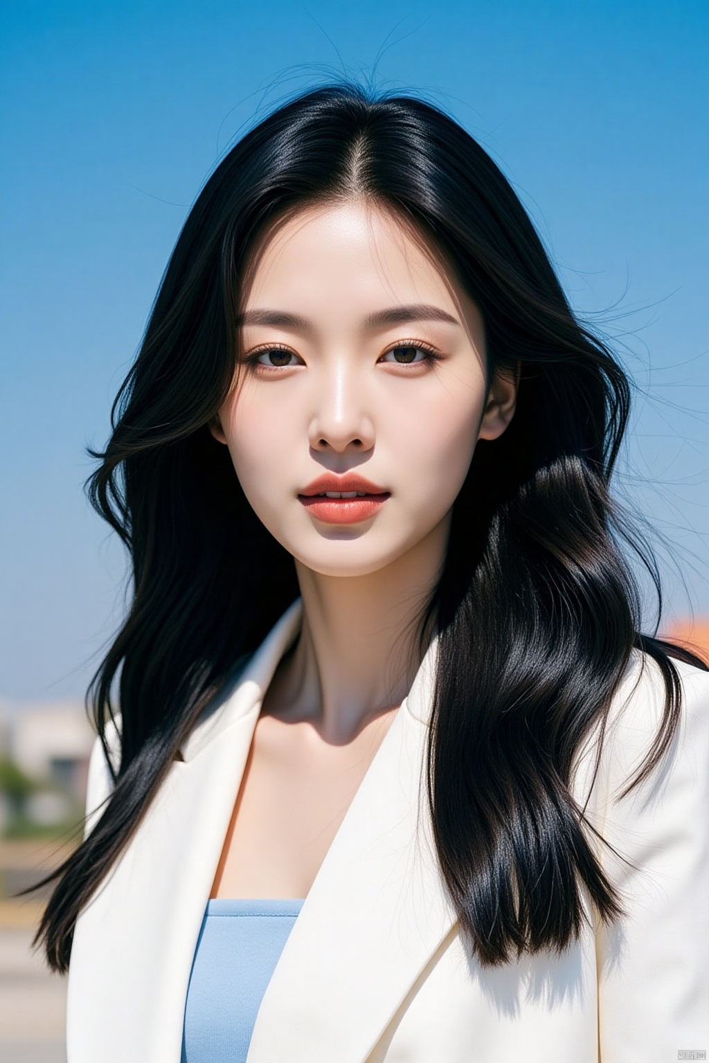 a medium-sized Asian woman with long, straight black hair stands in front of a blurred backdrop of a blue sky. She is wearing a white blazer, a light blue shirt, and her lips are a vibrant shade of pink. Her eyes are a deep blue, her eyebrows are a darker shade of blue, and she has a slight smile on her face. Her hair is cascading down her shoulders, adding a touch of texture to her face and cascading over her shoulders. The backdrop is blurred, creating a stark contrast to the woman's face.