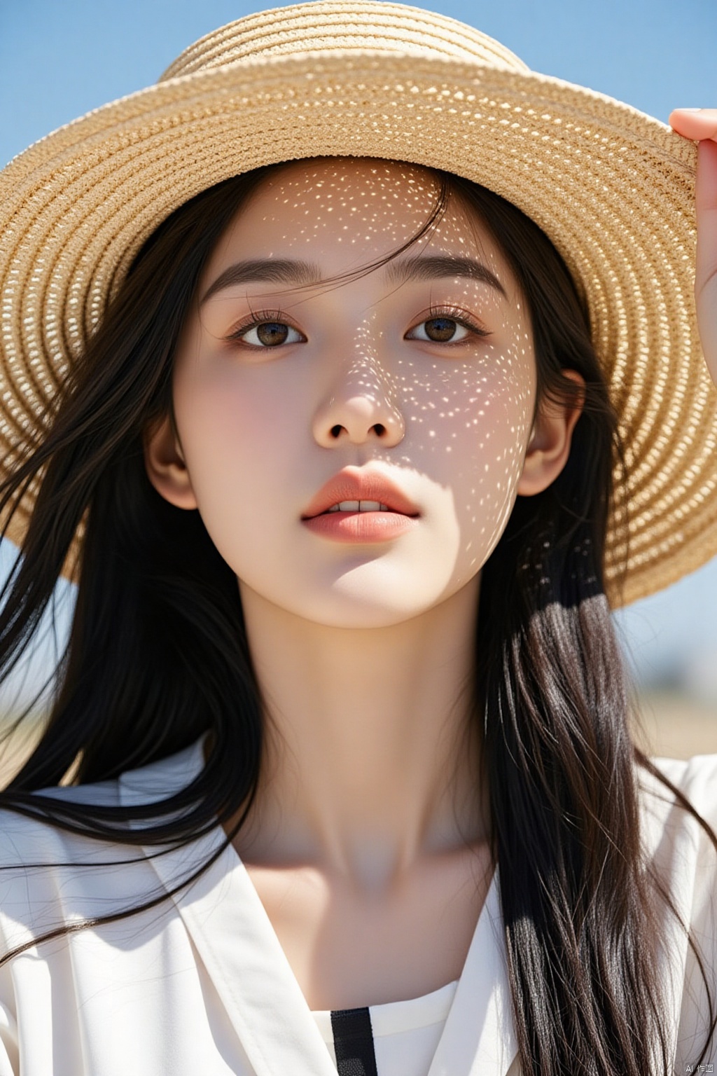 a close-up shot of a young Asian woman's face is adorned with a straw hat. Her eyes are a piercing blue, and her eyebrows are a darker shade of brown. Her hair is long and cascades over her shoulders, framing her face. She is wearing a white shirt with a black stripe down the center of her chest. Her lips are a lighter shade of pink, adding a pop of color to the scene. The background is blurred, with a blue sky.