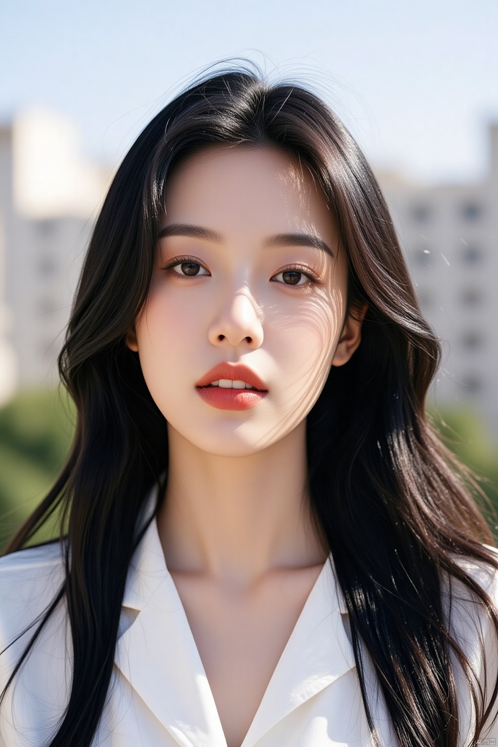 A close-up shot of a woman with long dark brown hair, a white shirt, and a red lipstick. The background is blurred, with buildings in the distance. The woman's eyes are wide open, and her lips are pursed. She has a slight smile on her face.