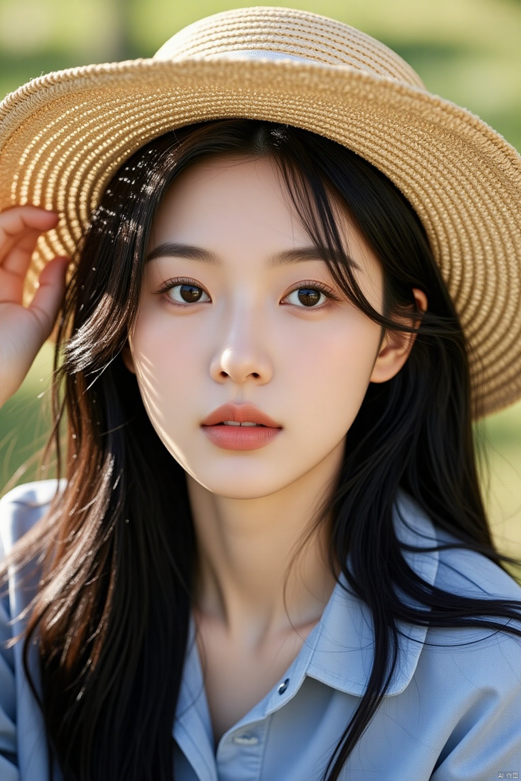 a close-up shot captures a young Asian woman with long dark hair, wearing a straw hat. Her eyes are a piercing blue, and her lips are a lighter shade of pink. Her hair cascades over her shoulders, adding a touch of texture to her face. She is wearing a light blue shirt, while her left hand is resting on her head. The background is blurred, suggesting a natural setting.