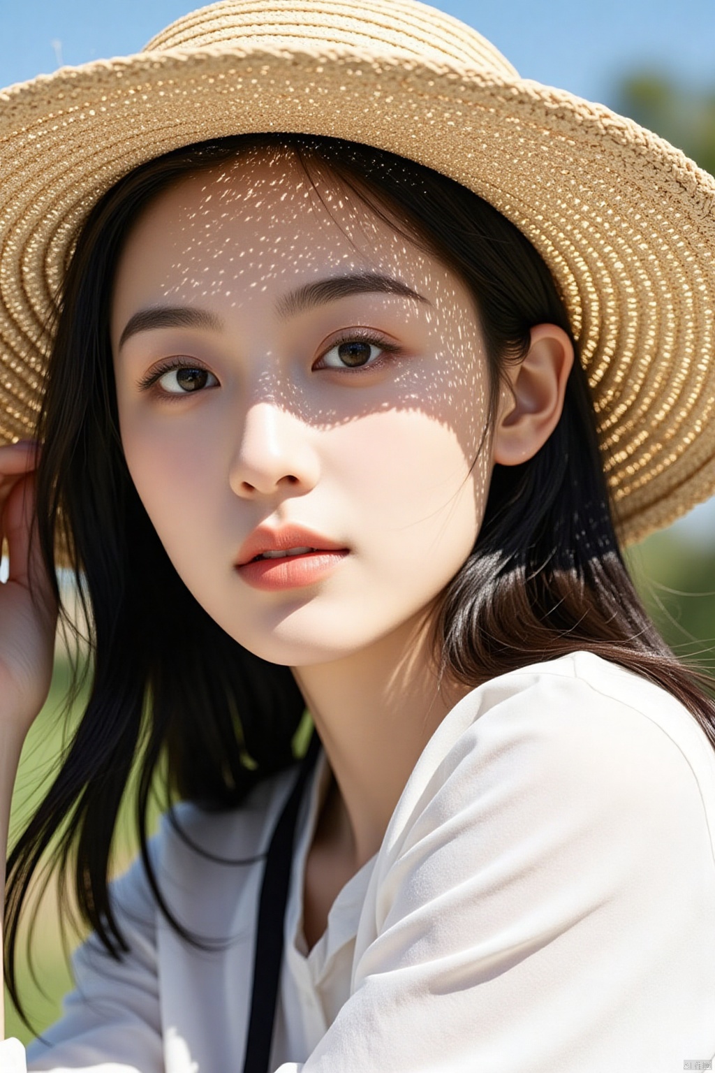 a close-up shot of a young Asian woman's face is adorned with a straw hat. Her eyes are a piercing blue, and her eyebrows are a darker shade of brown. Her hair is long and cascades over her shoulders, framing her face. She is wearing a white shirt with a black stripe down the center of her chest. Her lips are a lighter shade of pink, adding a pop of color to the scene. The background is blurred, with a blue sky.