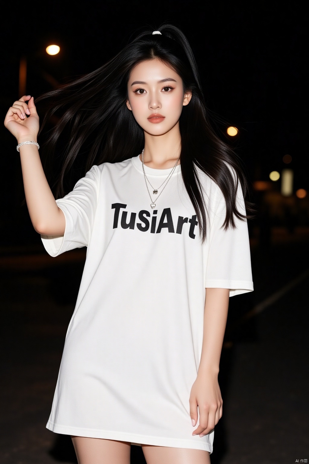 a woman with long dark hair,High ponytail,wearing a white long T-shirt with the words "TuSiArt" in black letters. She is wearing a silver necklace with a heart charm on it,and a bracelet on her left wrist. Her left hand is raised in the air,while her right hand is resting on her hip. The background is dark,with a few lights visible.thighs