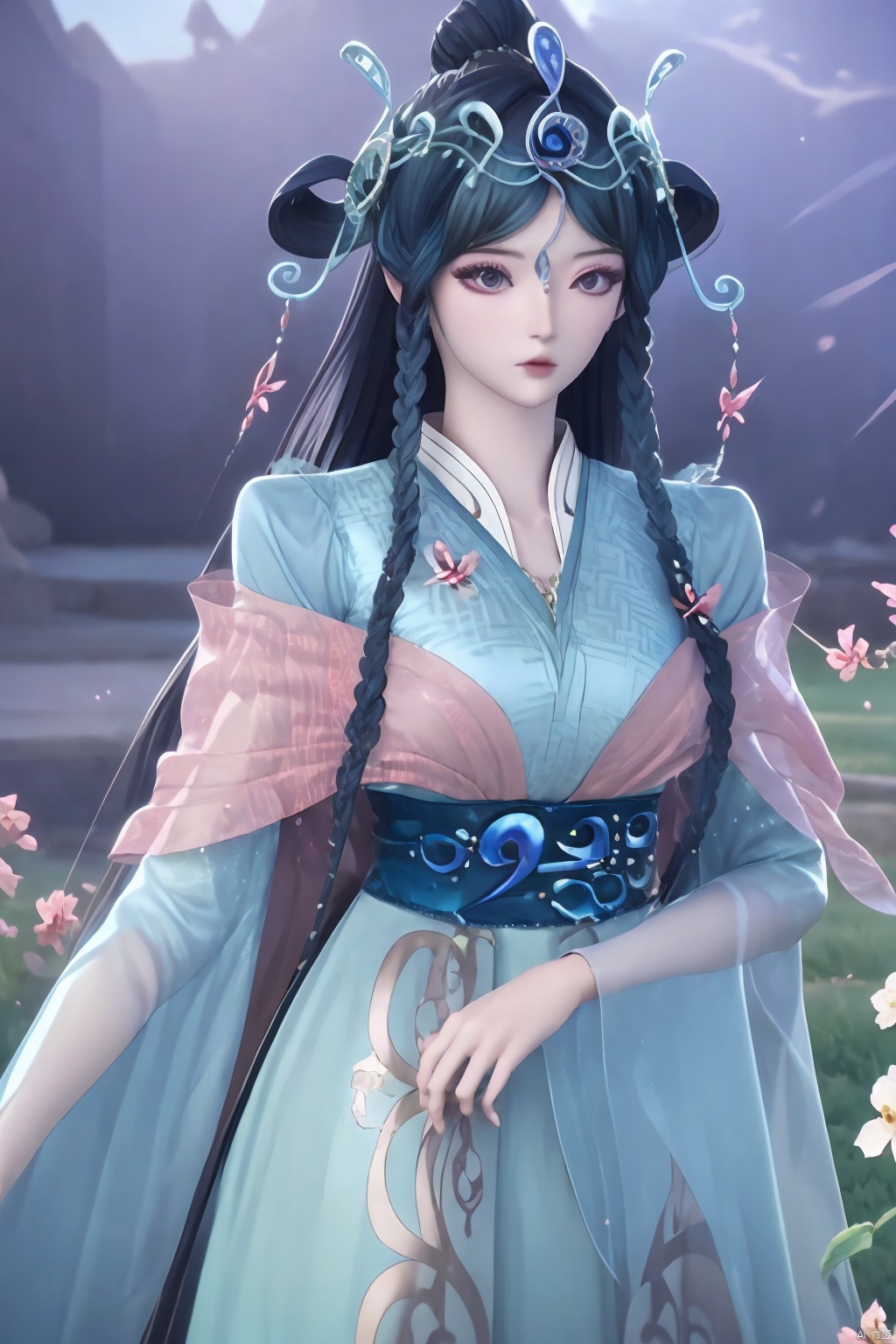 
upper body,flower field,

1girl, solo, long hair,  hair ornament, long sleeves, dress,  braid, twin braids, sash, blue dress, hair rings,Blue black hair,masterpiece,best quality,official art,extremely detailed CG unity 8k wallpaper,