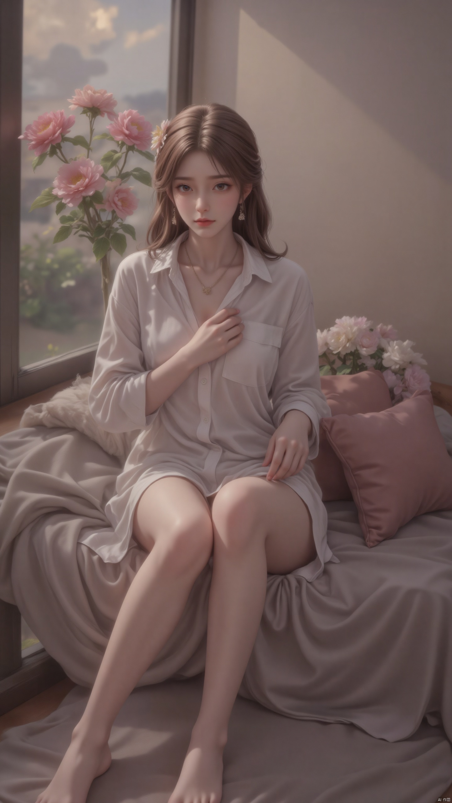 huolinger-zichu, A girl, solo, dress_shirt, indoor, sunlight, flowers, sitting on the bed, one hand on her chest, realistic, beautiful picture, exquisite details, best quality, wallpaper, 8k