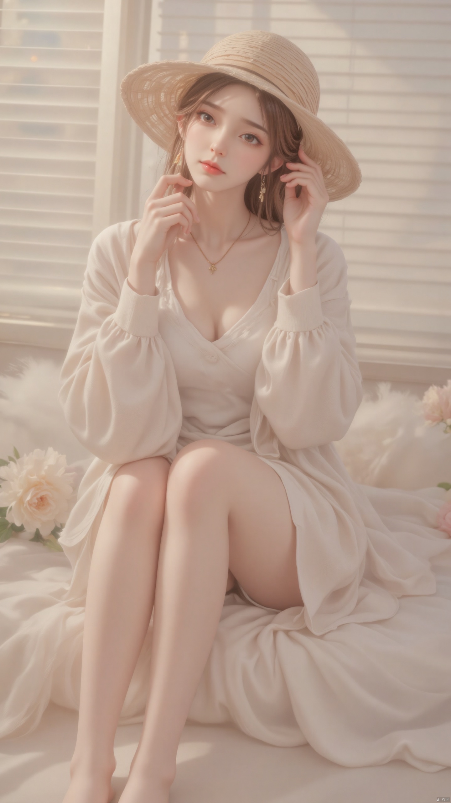 huolinger-zichu, a fashionably dressed woman. She wore a light-colored straw hat with a delicate woven texture. She wore a loose white cardigan, a white off-shoulder top, and white stockings. She sits in a bright interior with a background of white blinds through which sunlight shines, creating a warm, soft atmosphere. Her posture is elegant, with one hand gently holding the straw hat and the other hand on her leg, giving the whole person a fresh and natural feeling.