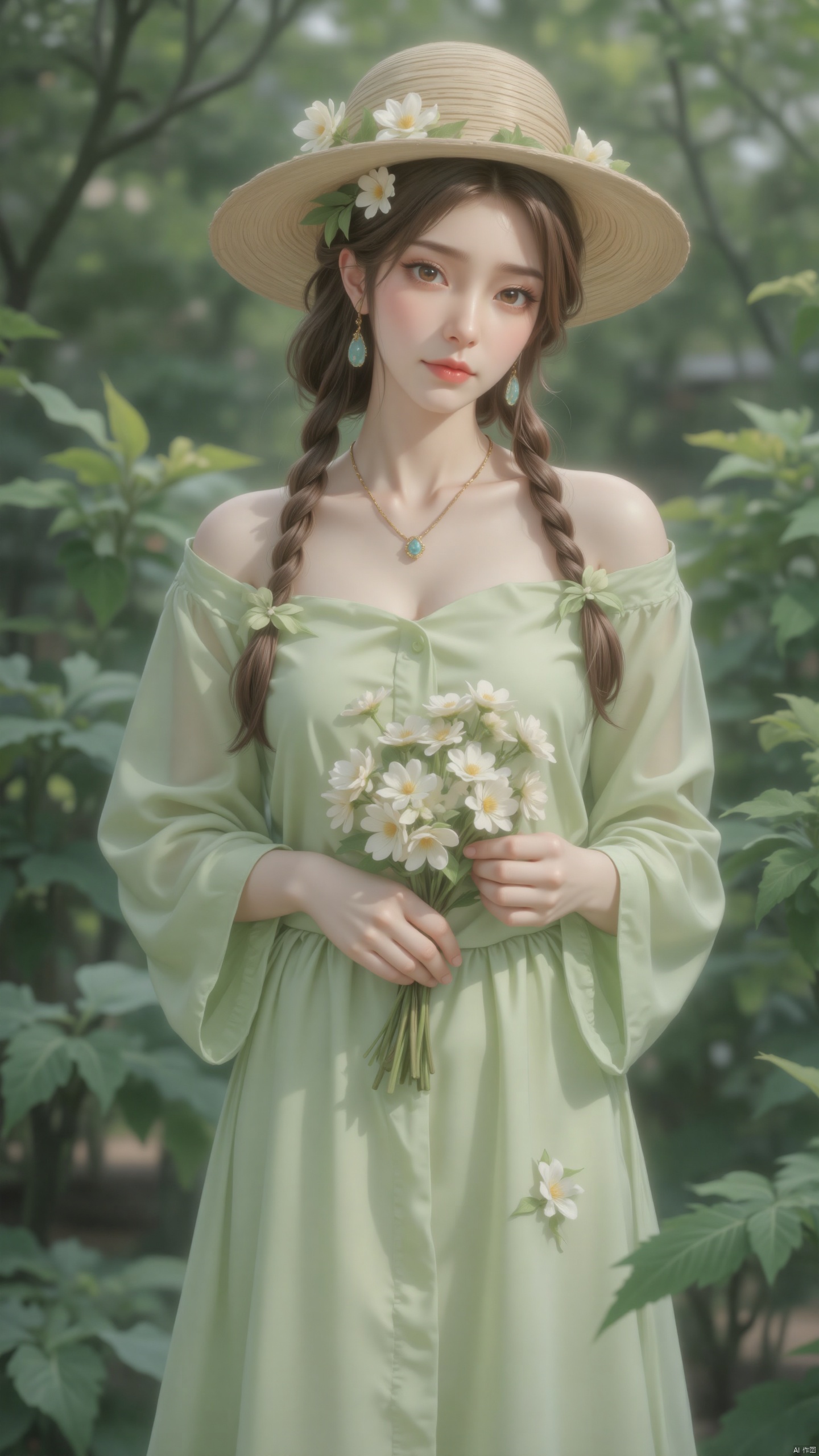 huolinger-zichu, a woman wearing a light green dress. She wore a straw hat decorated with white flowers, and her hair was braided into two braids hanging down her chest. She wears a gold necklace around her neck with a blue gemstone pendant. She holds a bouquet of small white flowers in both hands, with blurred green plants in the background, creating a fresh and natural atmosphere.