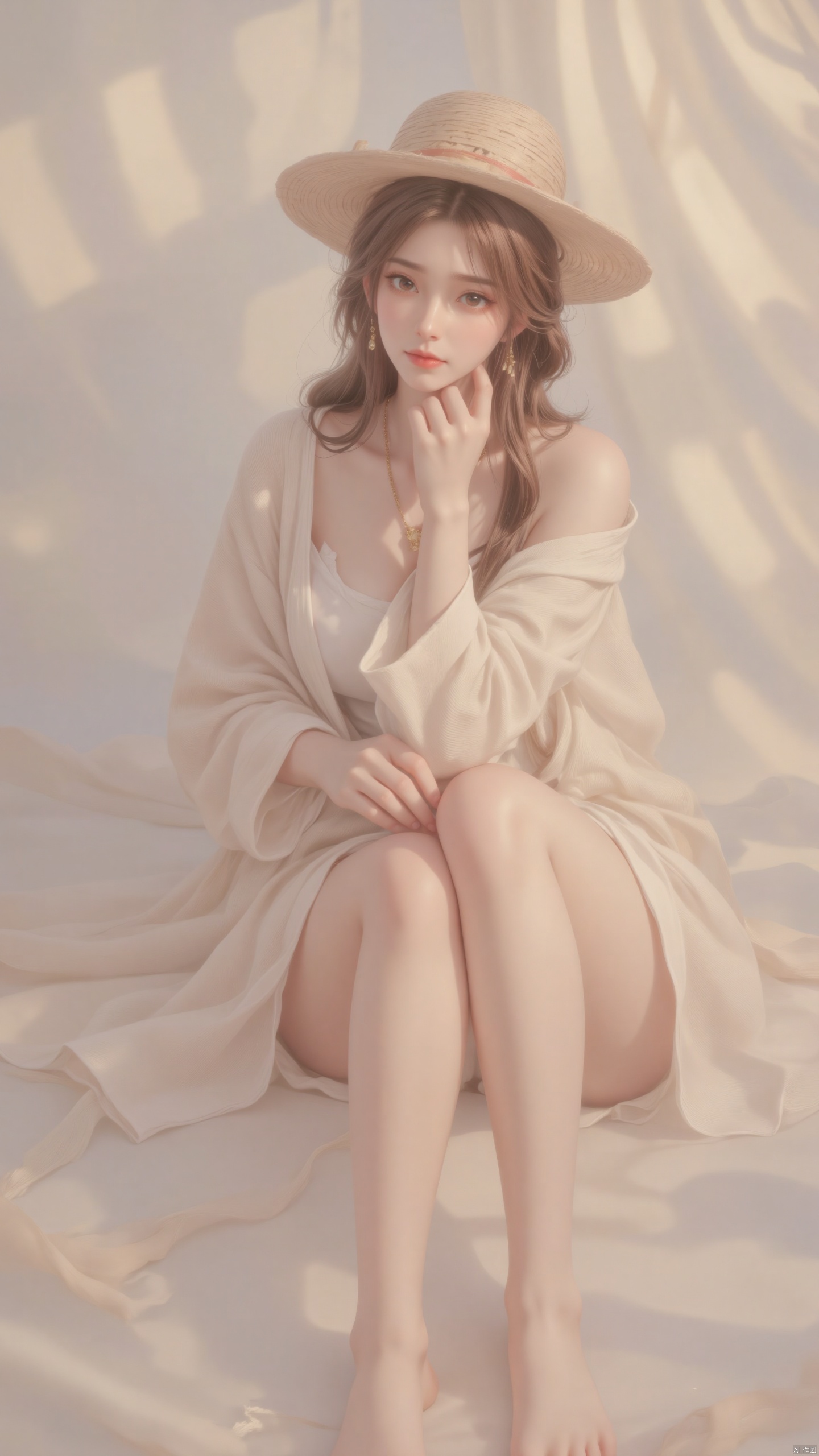 huolinger-zichu, a fashionably dressed woman. She wore a light-colored straw hat with a delicate woven texture. She wore a loose white cardigan, a white off-shoulder top, and white stockings. She sits in a bright interior with a background of white blinds through which sunlight shines, creating a warm, soft atmosphere. Her posture is elegant, with one hand gently holding the straw hat and the other hand on her leg, giving the whole person a fresh and natural feeling.