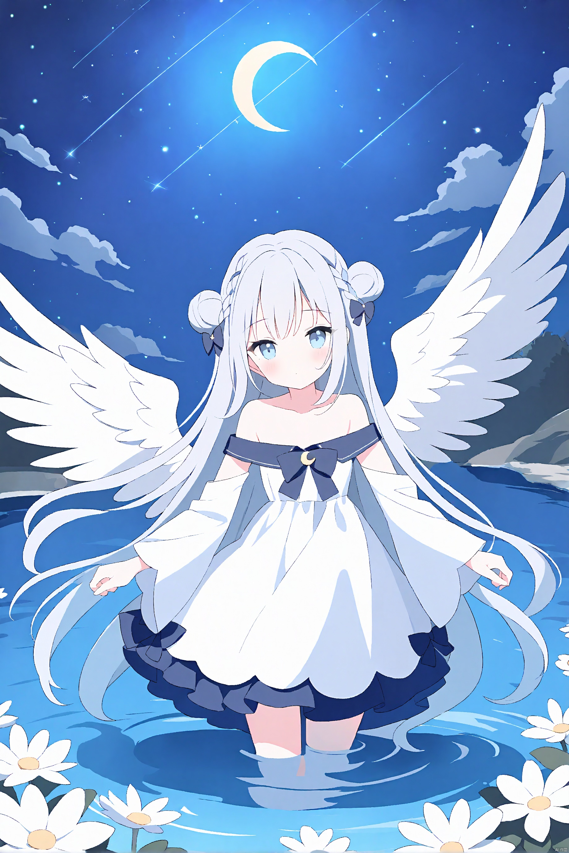 1girl, solo, dress, wings, long hair, sky, feathered wings, wading, white wings, braid, white dress, long sleeves, water, flower, looking at viewer, moon, blush, white hair, hair bun, bare shoulders, cloud, star \(sky\), wide sleeves, outdoors, bow, off-shoulder dress, crescent moon, night, angel wings, white flower, closed mouth, very long hair, night sky, off shoulder, starry sky, hair bow, strapless dress, grey hair, shooting star, detached sleeves