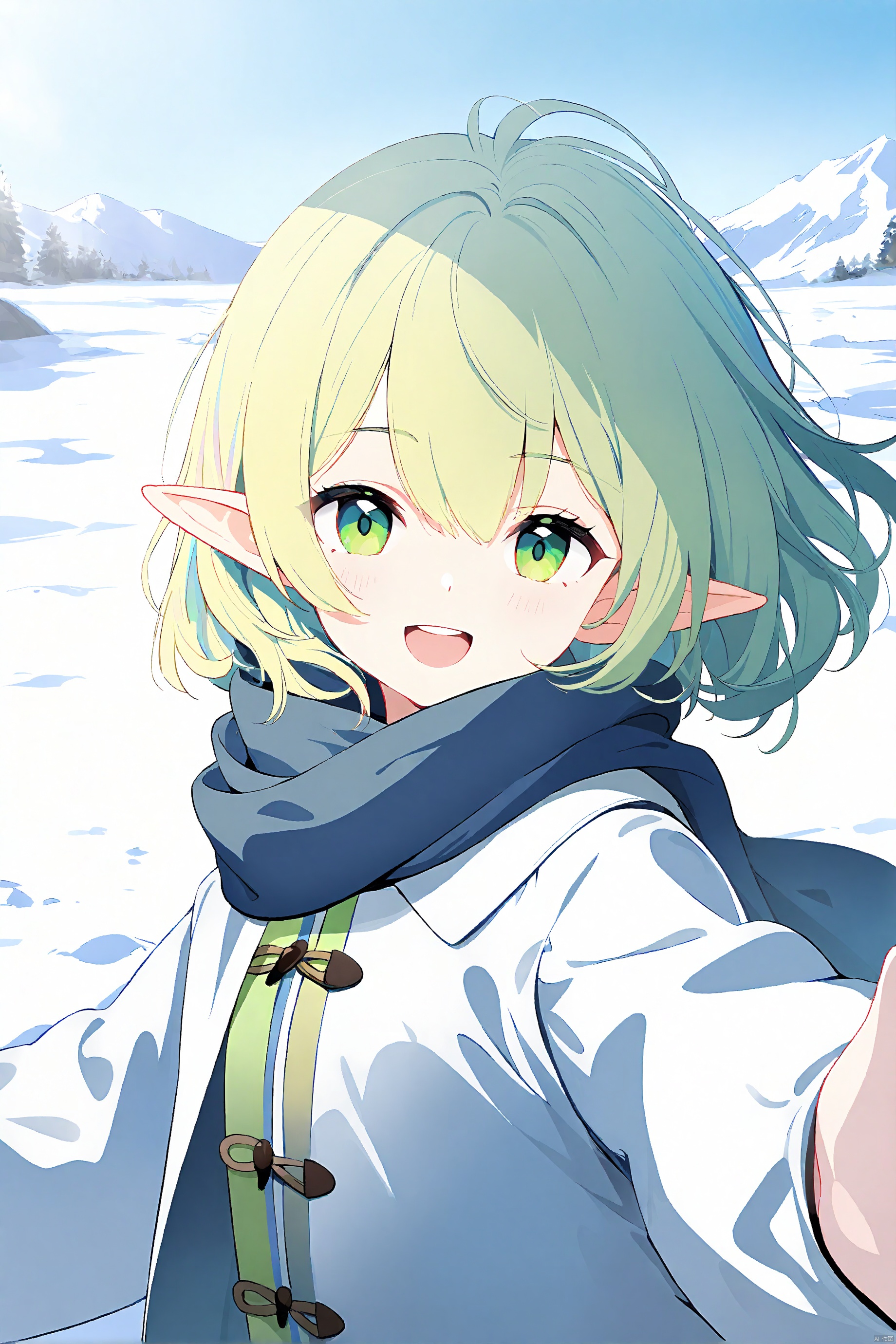 best_quality,masterpiece,(yoneyama mai:0.5),(WANKE:0.5),(noyu (noyu23386566):0.5),cute painting  style,dark,looking_at_viewer,open_mouth,outdoors,outstretched_arms,procreate_(medium),round_teeth,scarf,smile,solo,sunlight,symbol-only_commentary,teeth,two-sided_coat,two-sided_fabric,upper_body,upper_teeth_only,zeniaguan,arknight s,(official_art:1.2),(iridescent:1.2),(ciloranko:0.6),(sho_(sho_lwlw):0.6),(tianliang duohe fangdongye:0.5),(WLOP:0.6),(naga_u:0.5),1girl,elf,blonde hair,short hair,hair between eyes,elf ears,green eyes,winter_clothes,front view,
