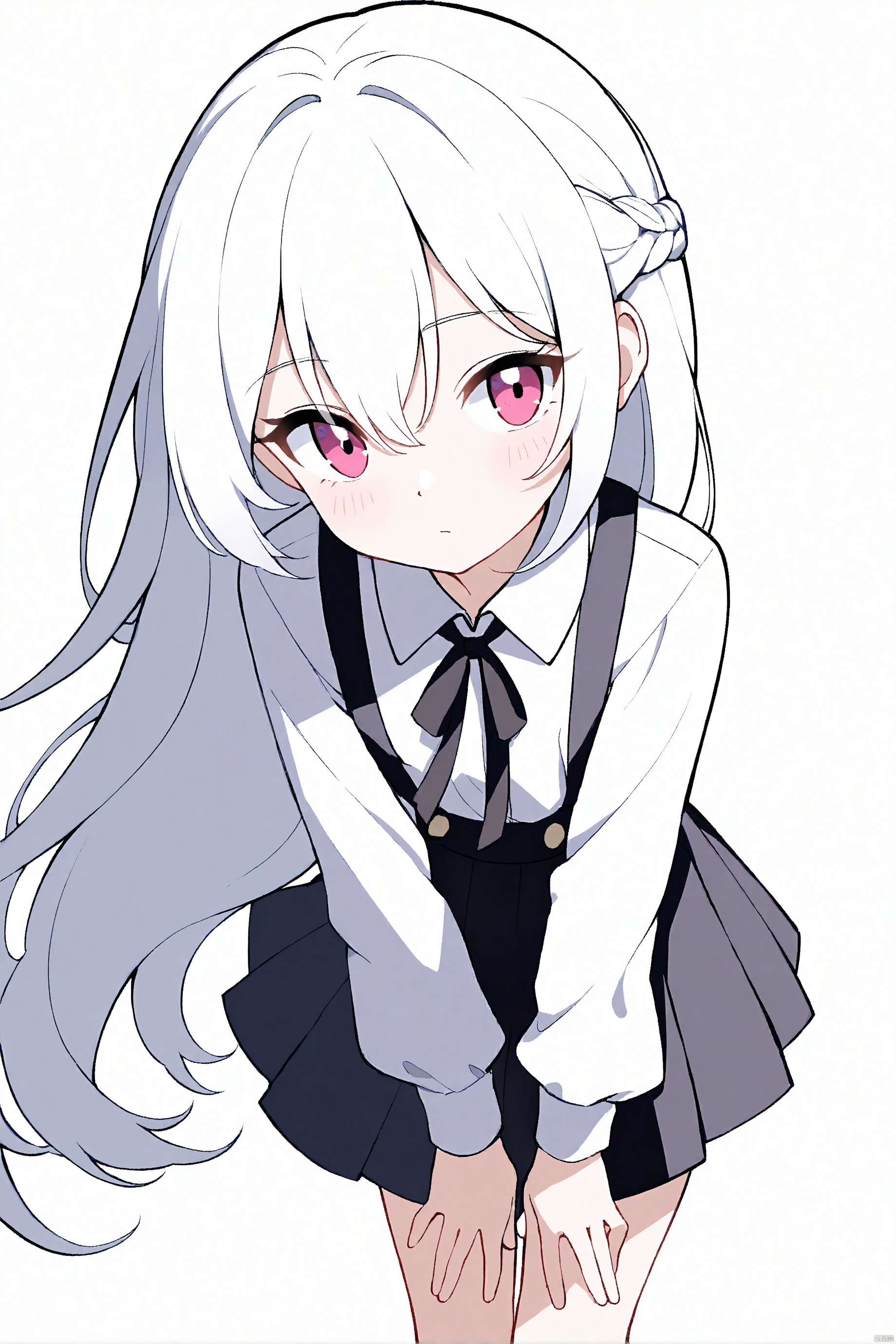 lightshadow,juanyang,transparent,line art,O,masterpiece,facing the lens,best quality,very aesthetic,1girl,solo,long hair,shirt,white hair,white shirt,white background,skirt,simple background,long sleeves,braid,ribbon,collared shirt,neck ribbon,leaning forward,suspender skirt,closed mouth,sidelocks,pleated skirt,hair between eyes,black ribbon,blush,standing,suspenders,expressionless,long hair,kawaii,looking at viewer,shade,eyebrows_visible_through_hair,blusher,Left eye purple,right eye green,Put your hands behind your back,