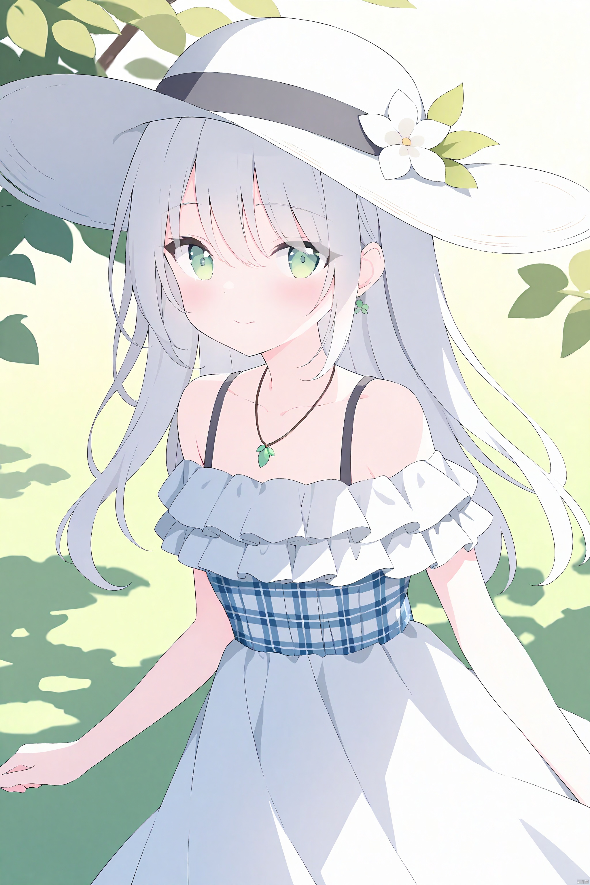 1girl, solo, dress, hat, flower, long hair, white dress, white hair, looking at viewer, green eyes, jewelry, bare shoulders, white flower, outdoors, off-shoulder dress, white headwear, necklace, off shoulder, leaf, collarbone, sun hat, blush, blurry, hat flower, blurry background, eyes visible through hair, closed mouth, frills, dappled sunlight, day, sunlight, plaid, frilled dress