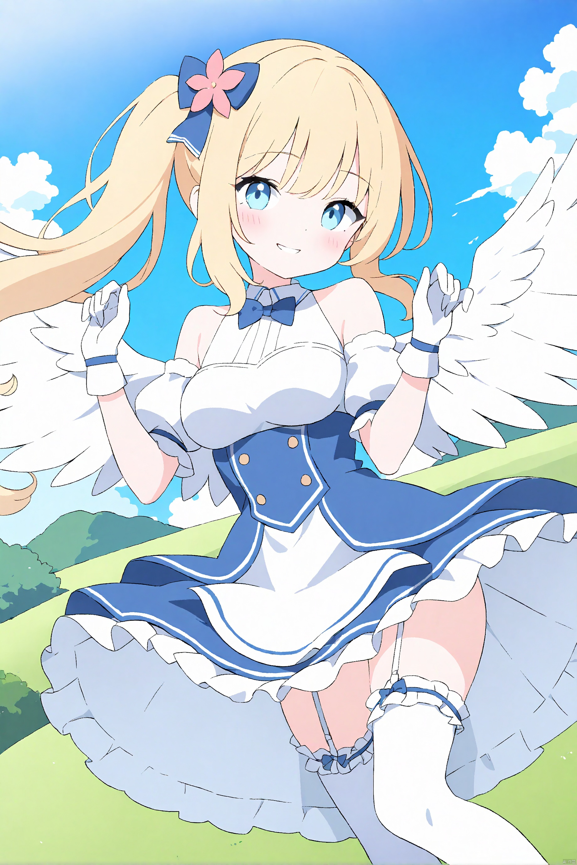 1girl, solo, thighhighs, flower, long hair, white thighhighs, blue eyes, blonde hair, wings, hair ornament, hair flower, bow, frills, looking at viewer, pink flower, hair bow, breasts, blush, smile, skirt, dress, gloves, sky, feet out of frame, outdoors, short sleeves, puffy sleeves, cloud, detached sleeves, angel wings, medium breasts, day, blue bow, blue skirt, bare shoulders, feathered wings, white gloves, blue sky, white wings, garter straps, puffy short sleeves, hands up, white shirt, frilled thighhighs