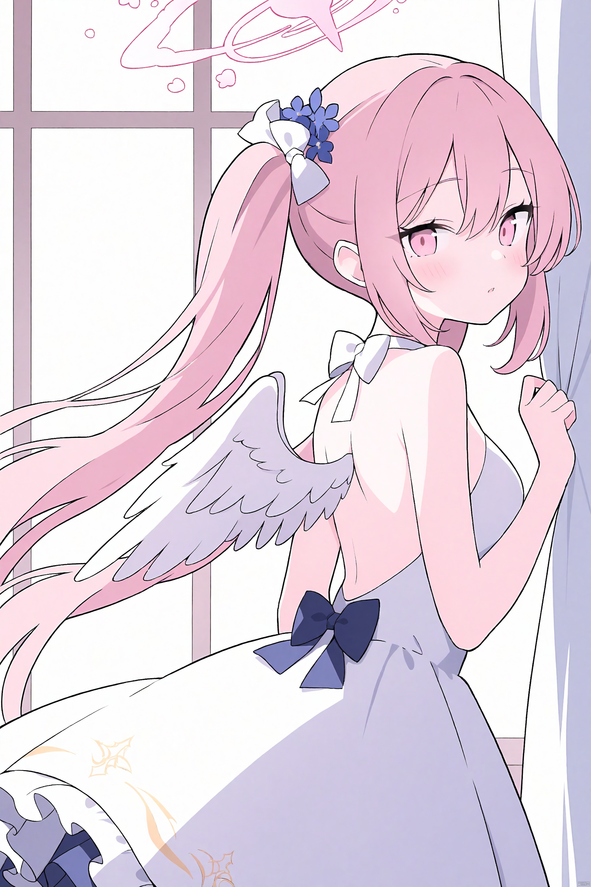 1girl, solo, dress, wings, pink hair, twintails, looking at viewer, white dress, long hair, flower, pink eyes, feathered wings, looking back, pink flower, curtains, hair between eyes, bare shoulders, backless dress, backless outfit, blush, white wings, breasts, parted lips, curtain grab, angel wings, ribbon, window
