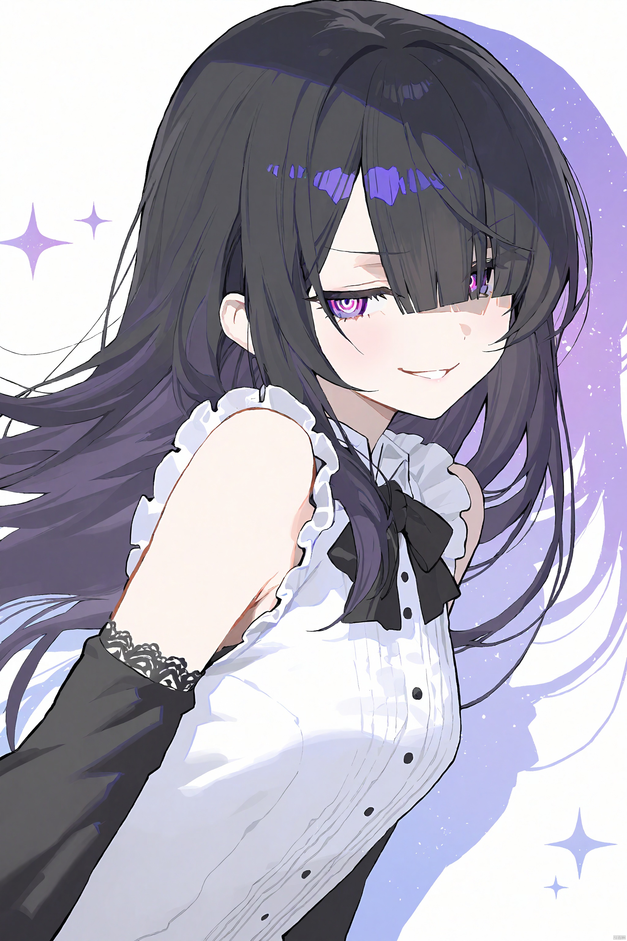 masterpiece,bestquality,newest,2024,very aesthetic,absurdres,[liduke],fymrie,madyy,akakura,[modare],ningen mame,1girl,solo,white background,silhouette,drop shadow,starry shadow,purple eyes,black hair,long hair,blunt bangs,ringed eyes,hair over one eye,floating hair,gothic,lace-trim,detached sleeves,frilled shirt,upper body,smirk,jitome,looking at viewer,shade face,arms behind back,