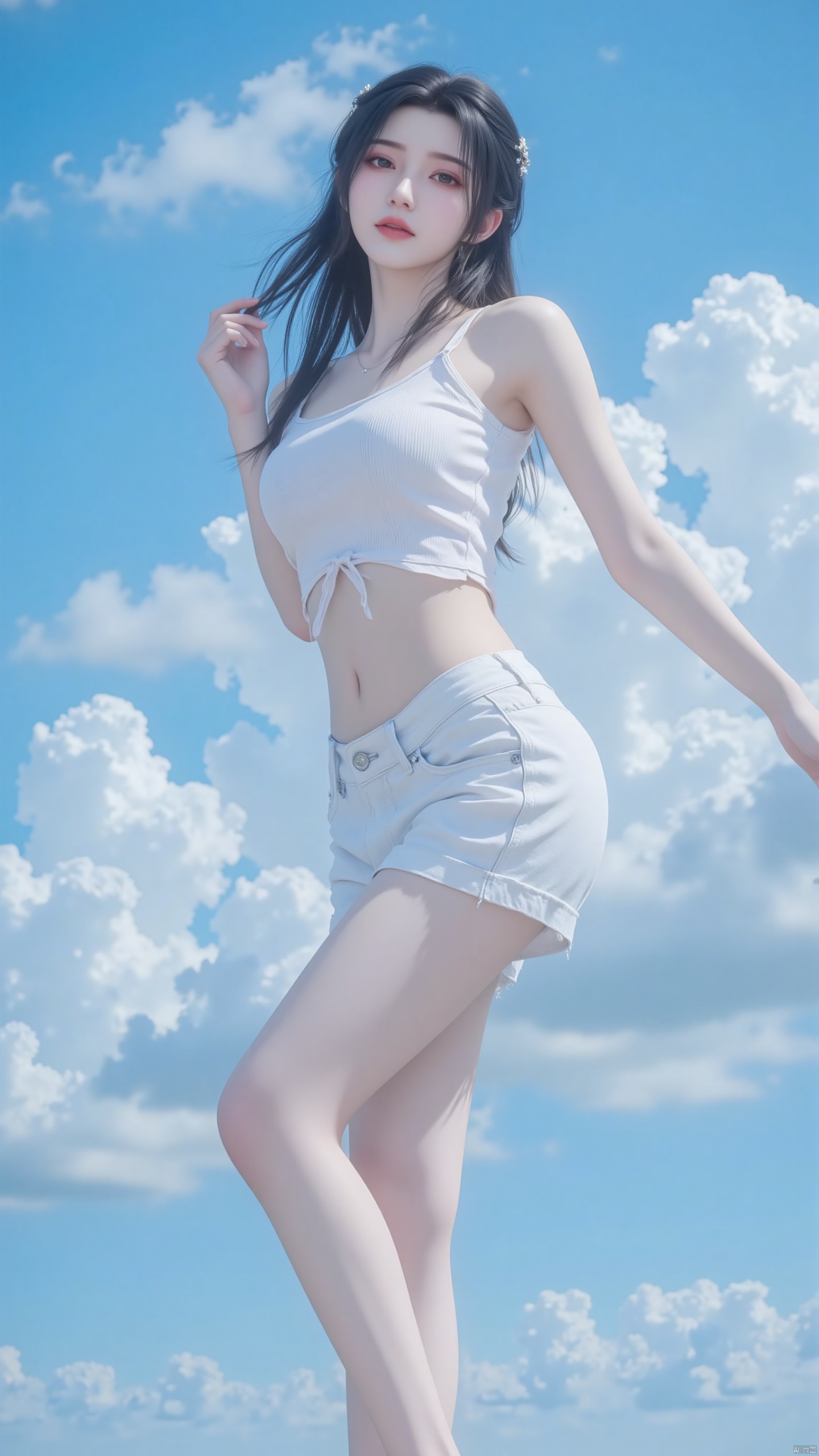 A 19-year-old fashionable Chinese woman poses for a photo on the beach. Interacting with the camera. White vest. Casual shorts. Bare arms. Show your shoulders. Tall, with a perfect figure, slender legs, beautiful face, Korean makeup, and long black hair. Big chest. Barefoot. Staring at the camera. A faint smile. Hair on the temples. Liu Hai.
The background is a vibrant blue sky, adorned with fluffy white clouds, adding a touch of contrast to the composition.