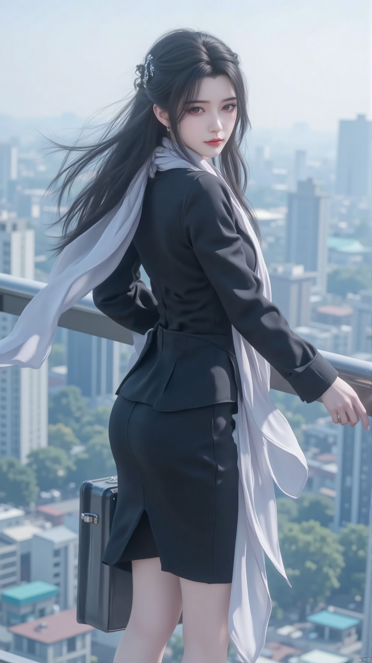 A beautiful woman dressed in a slim fit black suit and skirt, wearing a white silk shirt and a delicate scarf tied around the collar, wearing black high-heeled shoes, and carrying a simple briefcase, is seen on the open-air observation deck of a high-rise building in the city. She turned to the camera, her long black hair swaying gently in the wind, her gaze fixed on the distance, with the bustling city skyline behind her, showcasing the courage and confidence of a professional elite.