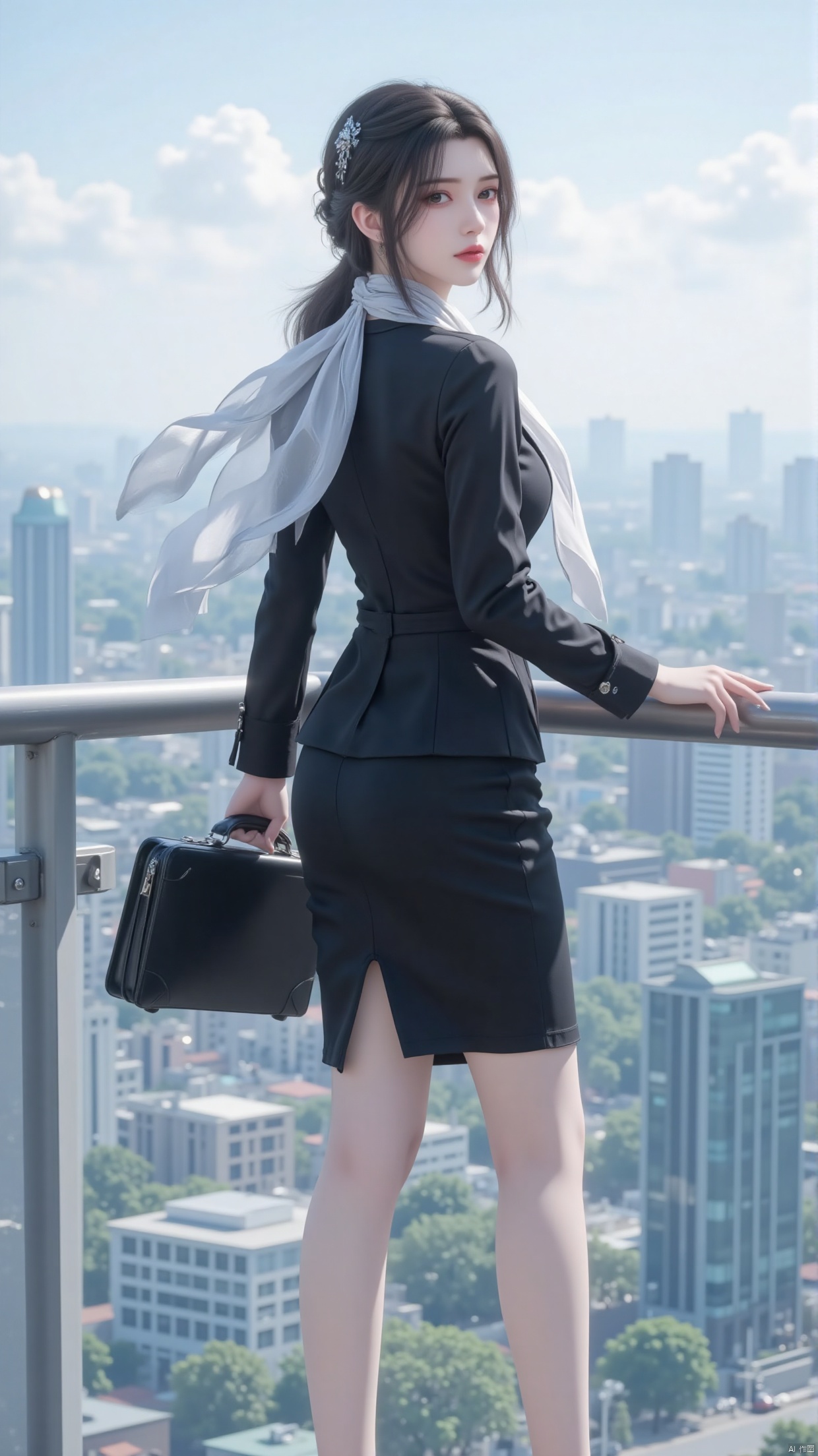 A beautiful woman dressed in a slim fit black suit and skirt, wearing a white silk shirt and a delicate scarf tied around the collar, wearing black high-heeled shoes, and carrying a simple briefcase, is seen on the open-air observation deck of a high-rise building in the city. She turned to the camera, her neat short hair swaying in the wind, her gaze fixed on the distance, with the bustling city skyline behind her, showcasing the courage and confidence of a professional elite.