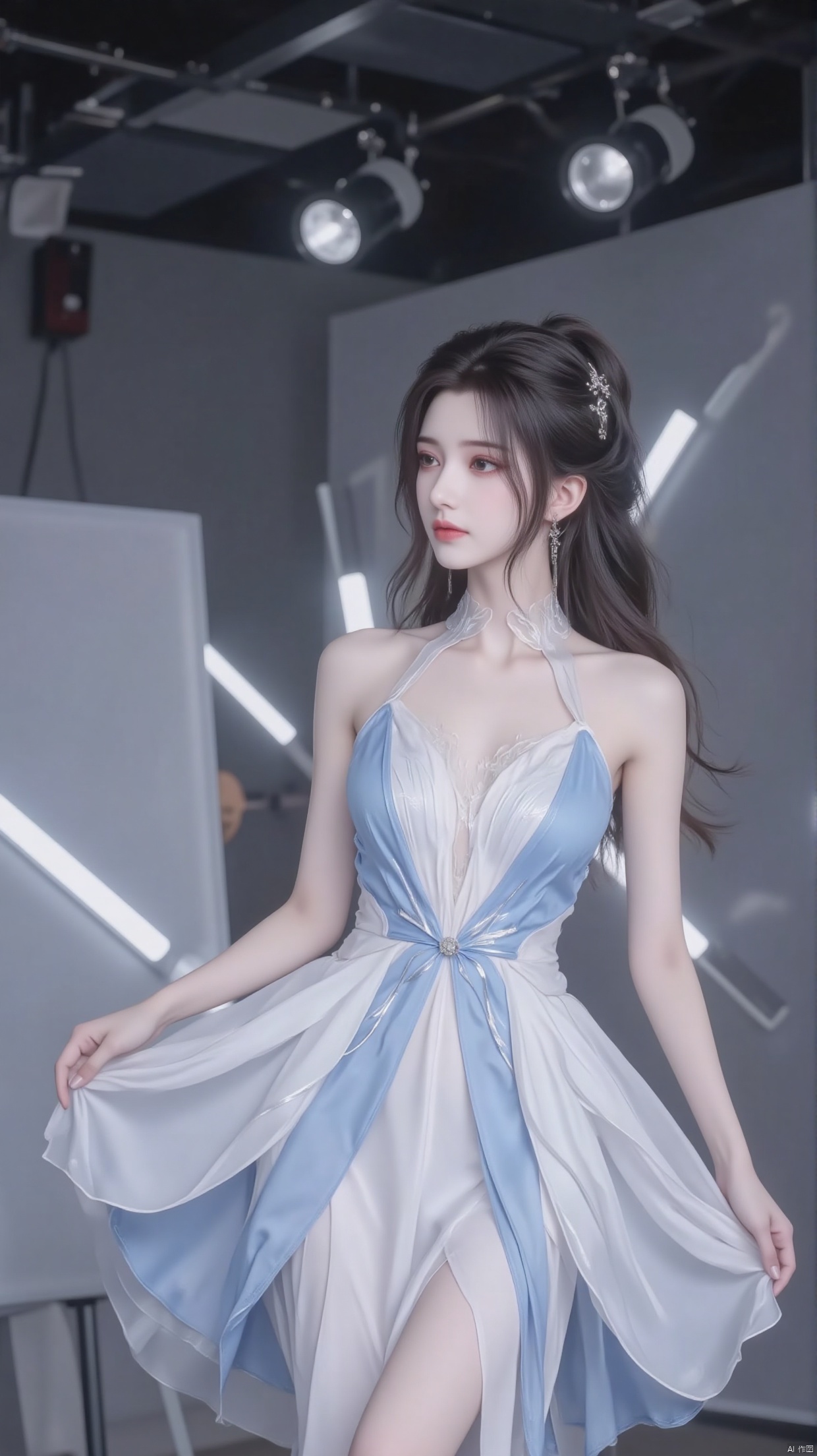 Inside the studio, Asian women elegantly spin in slim fit white and blue dresses, with skirt corners flying. Her gaze is focused on the distance, with spotlights illuminating her delicate makeup and soft hair. A simple geometric background board is arranged around, highlighting the fashionable photo texture.