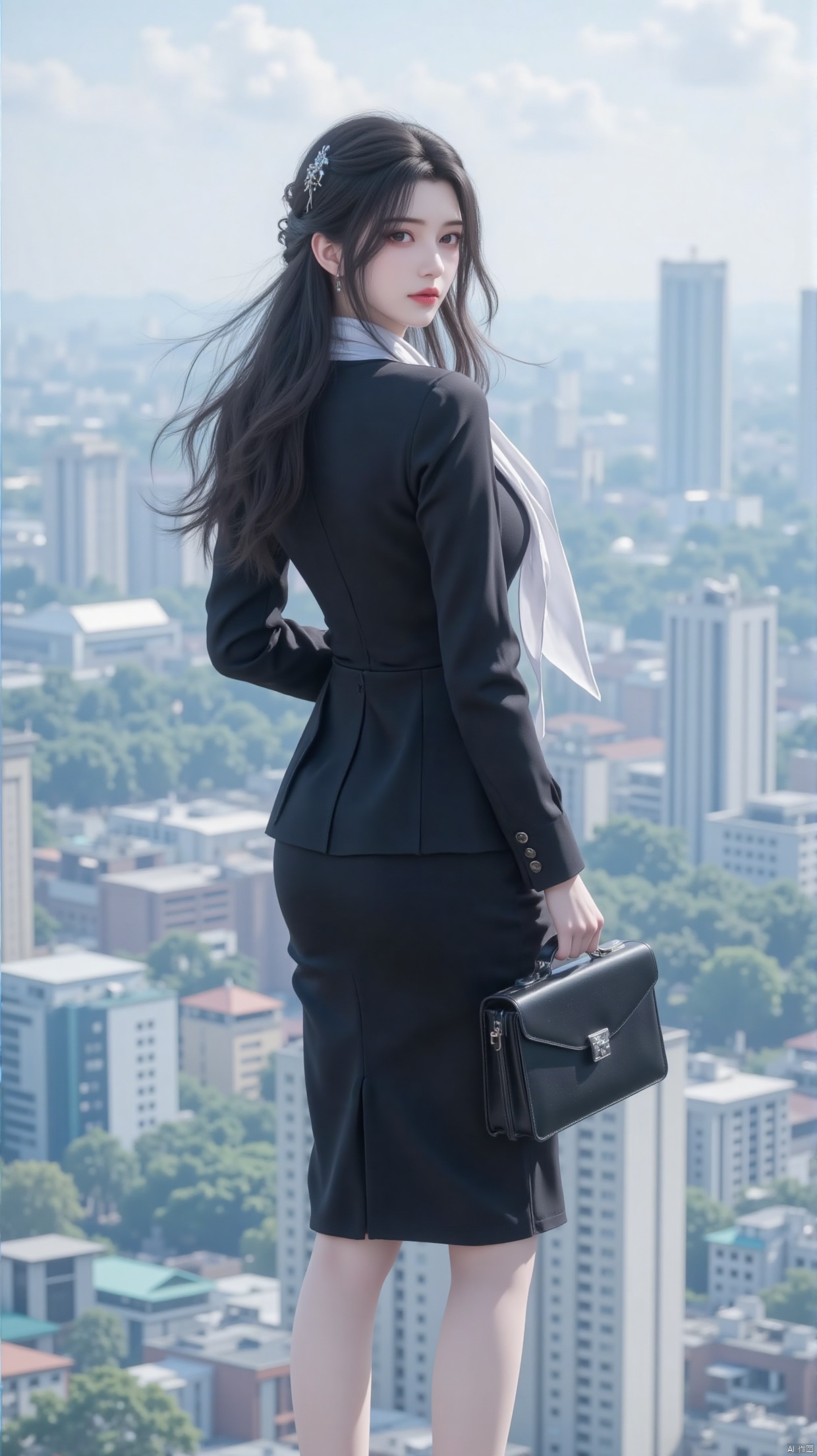 A beautiful woman dressed in a slim fit black suit and skirt, wearing a white silk shirt and a delicate scarf tied around the collar, wearing black high-heeled shoes, and carrying a simple briefcase, is seen on the open-air observation deck of a high-rise building in the city. She turned to the camera, her long black hair swaying gently in the wind, her gaze fixed on the distance, with the bustling city skyline behind her, showcasing the courage and confidence of a professional elite.