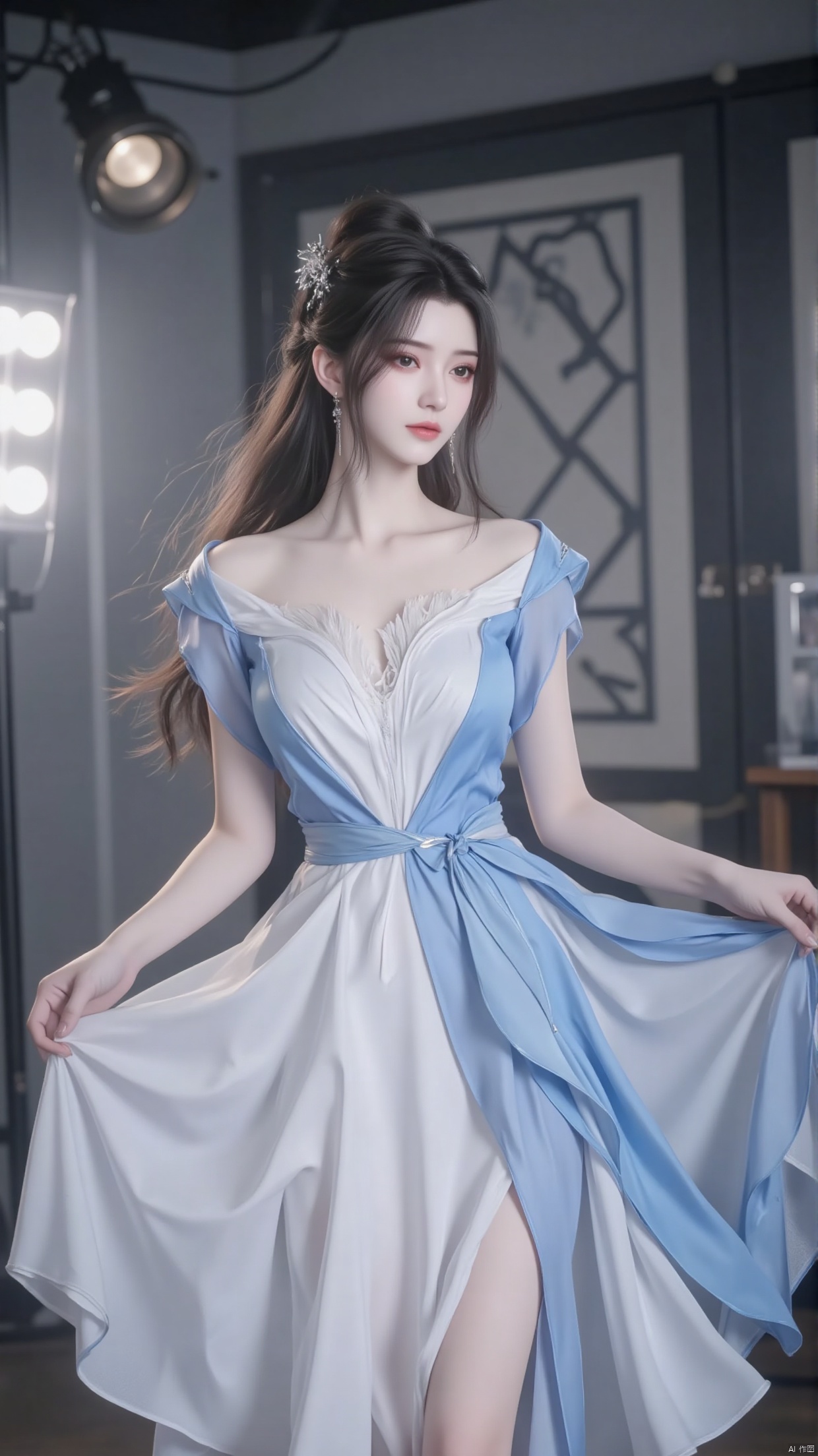 Inside the studio, Asian women elegantly spin in slim fit white and blue dresses, with skirt corners flying. Her gaze is focused on the distance, with spotlights illuminating her delicate makeup and soft hair. A simple geometric background board is arranged around, highlighting the fashionable photo texture.