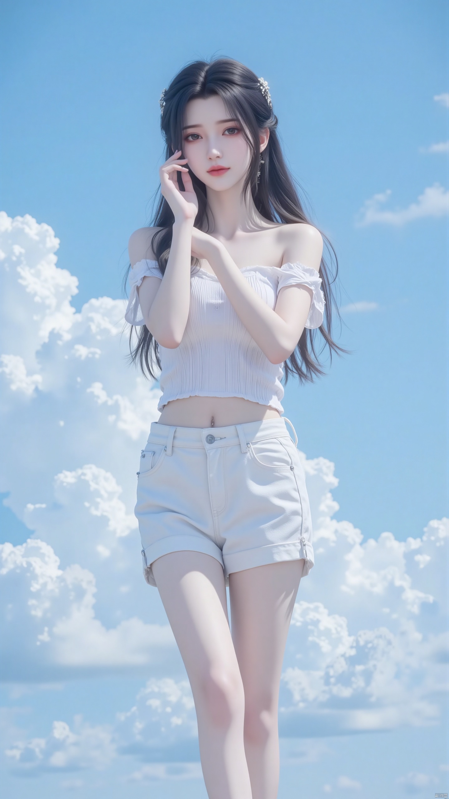 A 19-year-old fashionable Chinese woman poses for a photo on the beach. Interacting with the camera. White vest. Casual shorts. Bare arms. Show your shoulders. Tall, with a perfect figure, slender legs, beautiful face, Korean makeup, and long black hair. Big chest. Barefoot. Staring at the camera. A faint smile. Hair on the temples. Liu Hai.
The background is a vibrant blue sky, adorned with fluffy white clouds, adding a touch of contrast to the composition.