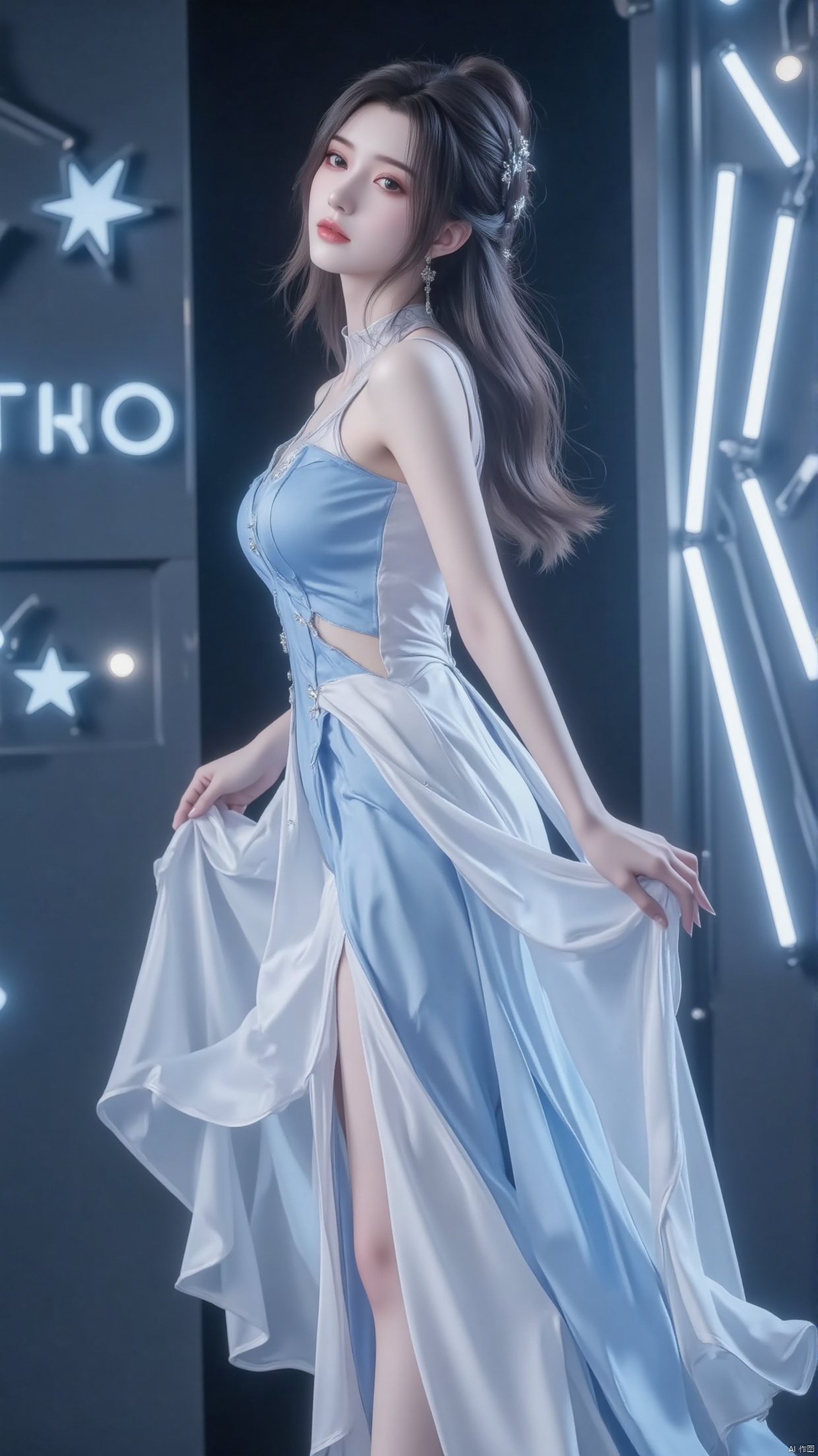 Inside the studio, Asian women elegantly spin in slim fit white and blue dresses, with skirt corners flying. Her gaze is focused on the distance, with spotlights illuminating her delicate makeup and soft hair. A simple geometric background board is arranged around, highlighting the fashionable photo texture.