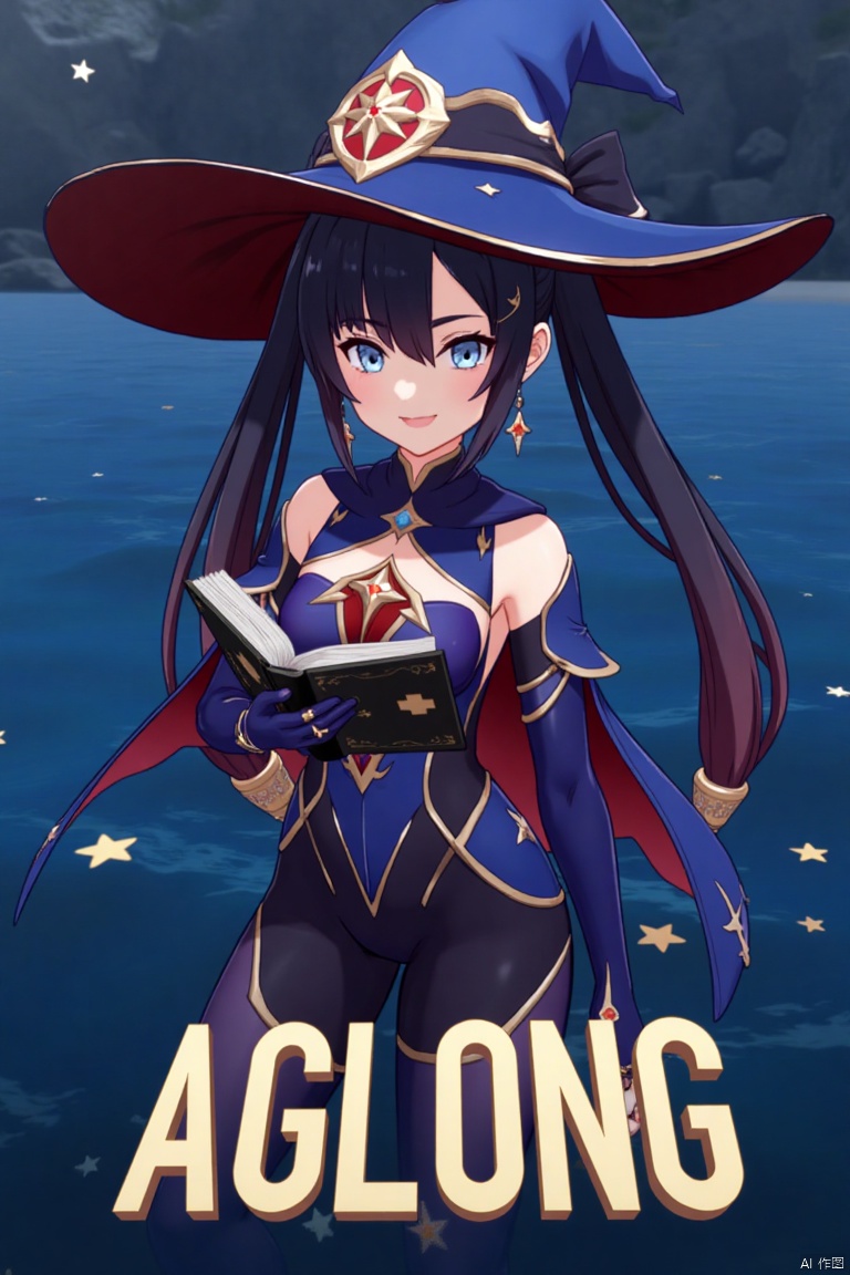 1girl, solo, long black hair with bangs, twintails, medium breasts, small breasts, wearing a witch hat, blue headwear, black gloves, detached sleeves, cape, leotard, bodystocking, thighlet, pantyhose, jewelry, earrings, smiling, looking at viewer, holding a book, standing in water with star symbols, cinematic lighting, dramatic atmosphere, high contrast, sharp focus, detailed background with a poster theme, dynamic composition, three-dimensional text AGlong in the middle below, movie poster style, inspired by Mona from Genshin Impact.