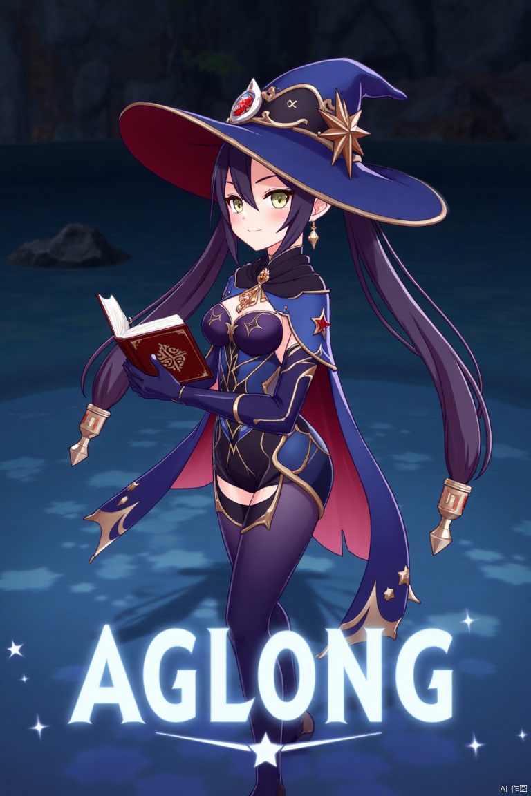 1girl, solo, long black hair with bangs, twintails, medium breasts, small breasts, wearing a witch hat, blue headwear, black gloves, detached sleeves, cape, leotard, bodystocking, thighlet, pantyhose, jewelry, earrings, smiling, looking at viewer, holding a book, standing in water with star symbols, cinematic lighting, dramatic atmosphere, high contrast, sharp focus, detailed background with a poster theme, dynamic composition, three-dimensional text AGlong in the middle below, movie poster style, inspired by Mona from Genshin Impact.