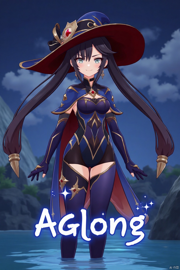 1girl, solo, long black hair with bangs, twintails, medium breasts, small breasts, wearing a witch hat, blue headwear, black gloves, detached sleeves, cape, leotard, bodystocking, thighlet, pantyhose, jewelry, earrings, smiling, looking at viewer, holding a book, standing in water with star symbols, cinematic lighting, dramatic atmosphere, high contrast, sharp focus, detailed background with a poster theme, dynamic composition, three-dimensional text AGlong in the middle below, movie poster style, inspired by Mona from Genshin Impact.