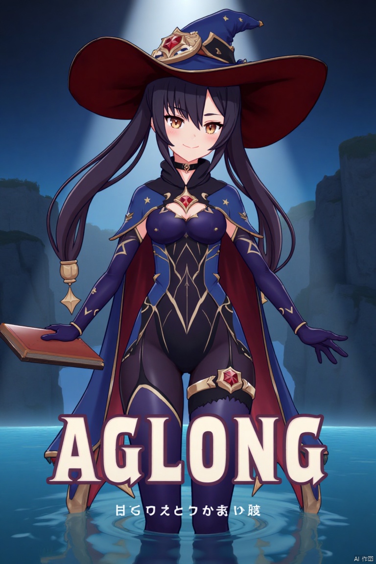 1girl, solo, long black hair with bangs, twintails, medium breasts, small breasts, wearing a witch hat, blue headwear, black gloves, detached sleeves, cape, leotard, bodystocking, thighlet, pantyhose, jewelry, earrings, smiling, looking at viewer, holding a book, standing in water with star symbols, cinematic lighting, dramatic atmosphere, high contrast, sharp focus, detailed background with a poster theme, dynamic composition, three-dimensional text AGlong in the middle below, movie poster style, inspired by Mona from Genshin Impact.
