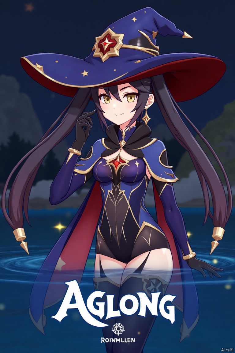 1girl, solo, long black hair with bangs, twintails, medium breasts, small breasts, wearing a witch hat, blue headwear, black gloves, detached sleeves, cape, leotard, bodystocking, thighlet, pantyhose, jewelry, earrings, smiling, looking at viewer, holding a book, standing in water with star symbols, cinematic lighting, dramatic atmosphere, high contrast, sharp focus, detailed background with a poster theme, dynamic composition, three-dimensional text AGlong in the middle below, movie poster style, inspired by Mona from Genshin Impact.