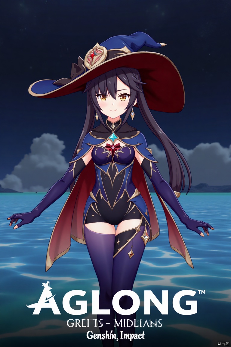 1girl, solo, long black hair with bangs, twintails, medium breasts, small breasts, wearing a witch hat, blue headwear, black gloves, detached sleeves, cape, leotard, bodystocking, thighlet, pantyhose, jewelry, earrings, smiling, looking at viewer, holding a book, standing in water with star symbols, cinematic lighting, dramatic atmosphere, high contrast, sharp focus, detailed background with a poster theme, dynamic composition, three-dimensional text AGlong in the middle below, movie poster style, inspired by Mona from Genshin Impact.