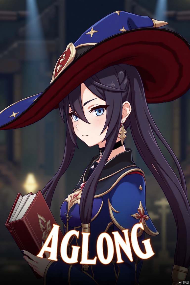 1girl, solo, long black hair with bangs, hair between eyes, twintails, and a braid, blue eyes, looking at viewer, closed mouth, wearing a witch hat, black choker, earrings, and jewelry, upper body shot from the side, holding a book, cinematic lighting, dramatic atmosphere, high contrast, sharp focus, detailed background with a poster theme, dynamic composition, three-dimensional text AGlong in the middle below, movie poster style, inspired by Mona from Genshin Impact.
