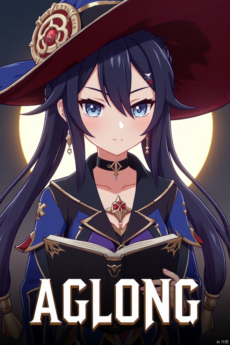 1girl, solo, long black hair with bangs, hair between eyes, twintails, and a braid, blue eyes, looking at viewer, closed mouth, wearing a witch hat, black choker, earrings, and jewelry, upper body shot from the side, holding a book, cinematic lighting, dramatic atmosphere, high contrast, sharp focus, detailed background with a poster theme, dynamic composition, three-dimensional text AGlong in the middle below, movie poster style, inspired by Mona from Genshin Impact.
