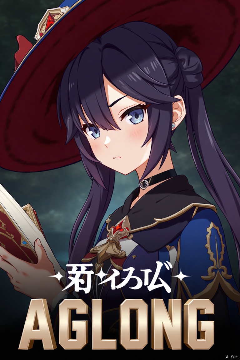 1girl, solo, long black hair with bangs, hair between eyes, twintails, and a braid, blue eyes, looking at viewer, closed mouth, wearing a witch hat, black choker, earrings, and jewelry, upper body shot from the side, holding a book, cinematic lighting, dramatic atmosphere, high contrast, sharp focus, detailed background with a poster theme, dynamic composition, three-dimensional text AGlong in the middle below, movie poster style, inspired by Mona from Genshin Impact.