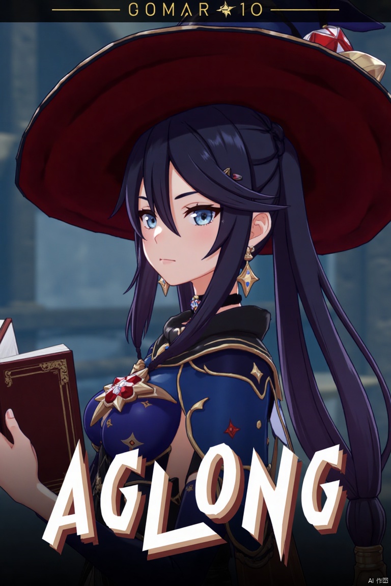 1girl, solo, long black hair with bangs, hair between eyes, twintails, and a braid, blue eyes, looking at viewer, closed mouth, wearing a witch hat, black choker, earrings, and jewelry, upper body shot from the side, holding a book, cinematic lighting, dramatic atmosphere, high contrast, sharp focus, detailed background with a poster theme, dynamic composition, three-dimensional text AGlong in the middle below, movie poster style, inspired by Mona from Genshin Impact.