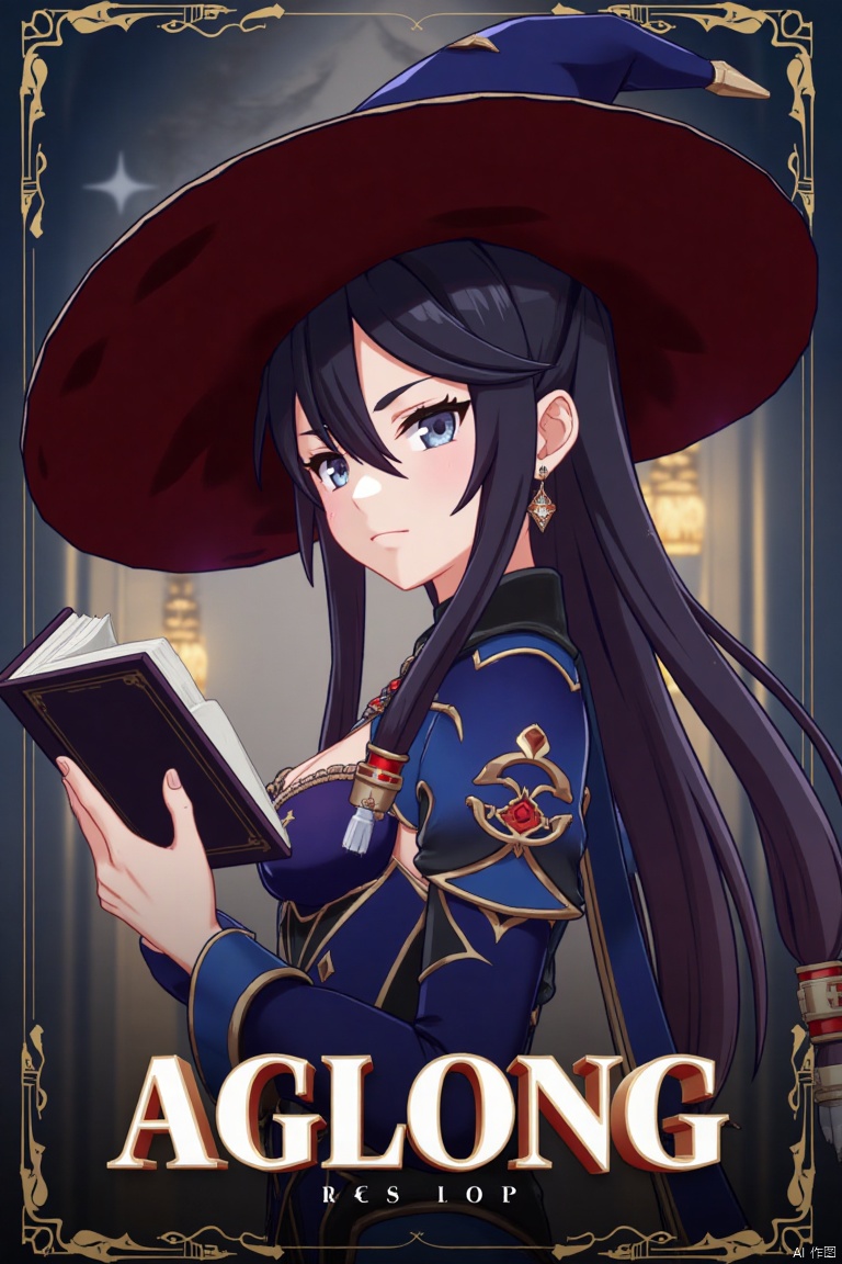 1girl, solo, long black hair with bangs, hair between eyes, twintails, and a braid, blue eyes, looking at viewer, closed mouth, wearing a witch hat, black choker, earrings, and jewelry, upper body shot from the side, holding a book, cinematic lighting, dramatic atmosphere, high contrast, sharp focus, detailed background with a poster theme, dynamic composition, three-dimensional text AGlong in the middle below, movie poster style, inspired by Mona from Genshin Impact.