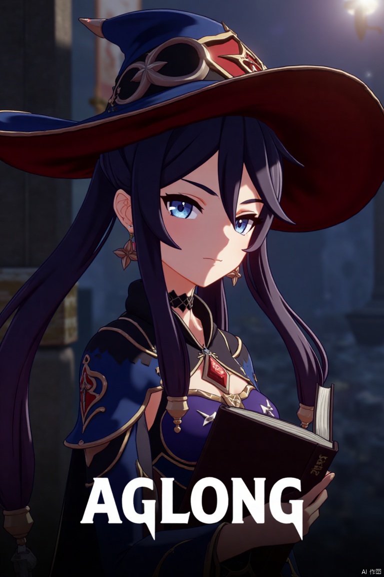 1girl, solo, long black hair with bangs, hair between eyes, twintails, and a braid, blue eyes, looking at viewer, closed mouth, wearing a witch hat, black choker, earrings, and jewelry, upper body shot from the side, holding a book, cinematic lighting, dramatic atmosphere, high contrast, sharp focus, detailed background with a poster theme, dynamic composition, three-dimensional text AGlong in the middle below, movie poster style, inspired by Mona from Genshin Impact.