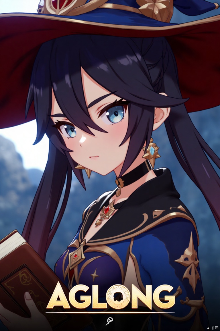 1girl, solo, long black hair with bangs, hair between eyes, twintails, and a braid, blue eyes, looking at viewer, closed mouth, wearing a witch hat, black choker, earrings, and jewelry, upper body shot from the side, holding a book, cinematic lighting, dramatic atmosphere, high contrast, sharp focus, detailed background with a poster theme, dynamic composition, three-dimensional text AGlong in the middle below, movie poster style, inspired by Mona from Genshin Impact.