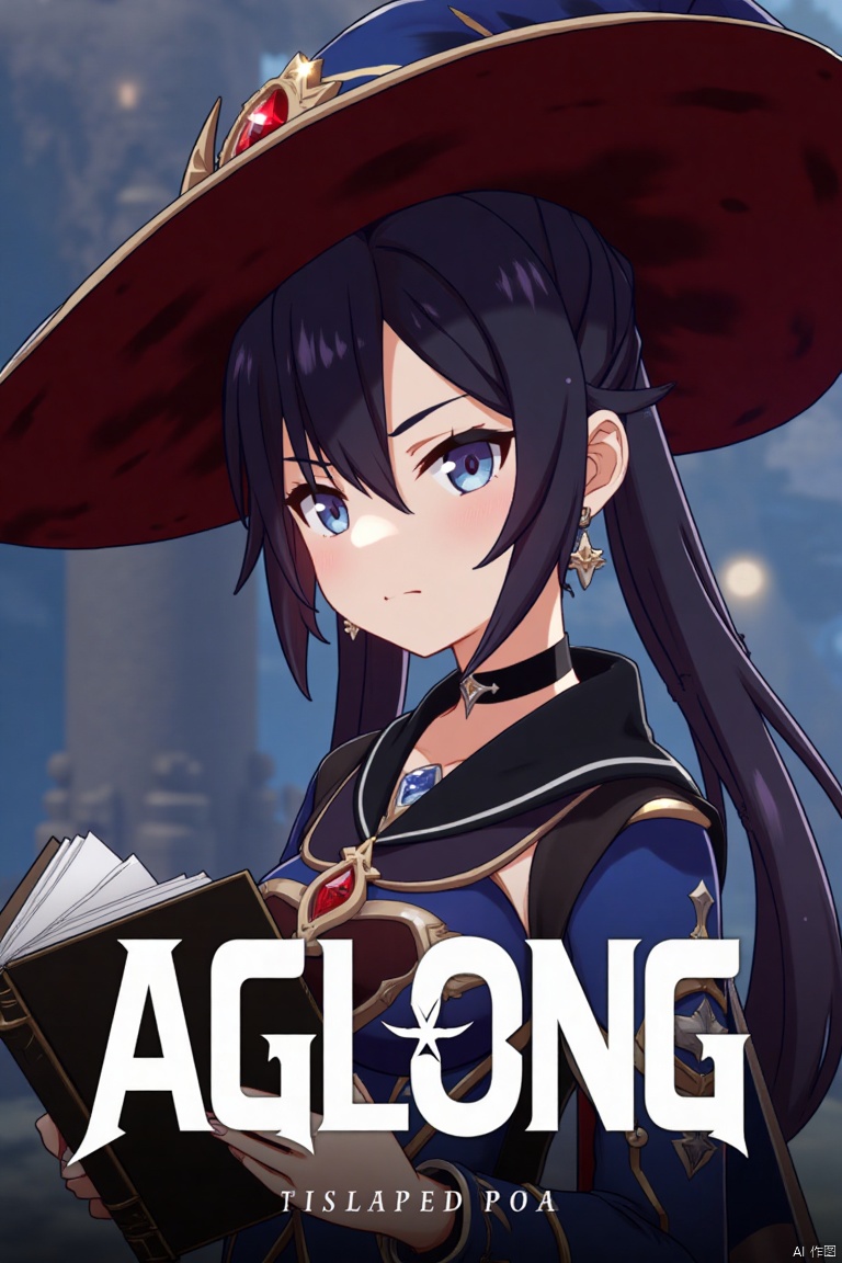 1girl, solo, long black hair with bangs, hair between eyes, twintails, and a braid, blue eyes, looking at viewer, closed mouth, wearing a witch hat, black choker, earrings, and jewelry, upper body shot from the side, holding a book, cinematic lighting, dramatic atmosphere, high contrast, sharp focus, detailed background with a poster theme, dynamic composition, three-dimensional text AGlong in the middle below, movie poster style, inspired by Mona from Genshin Impact.
