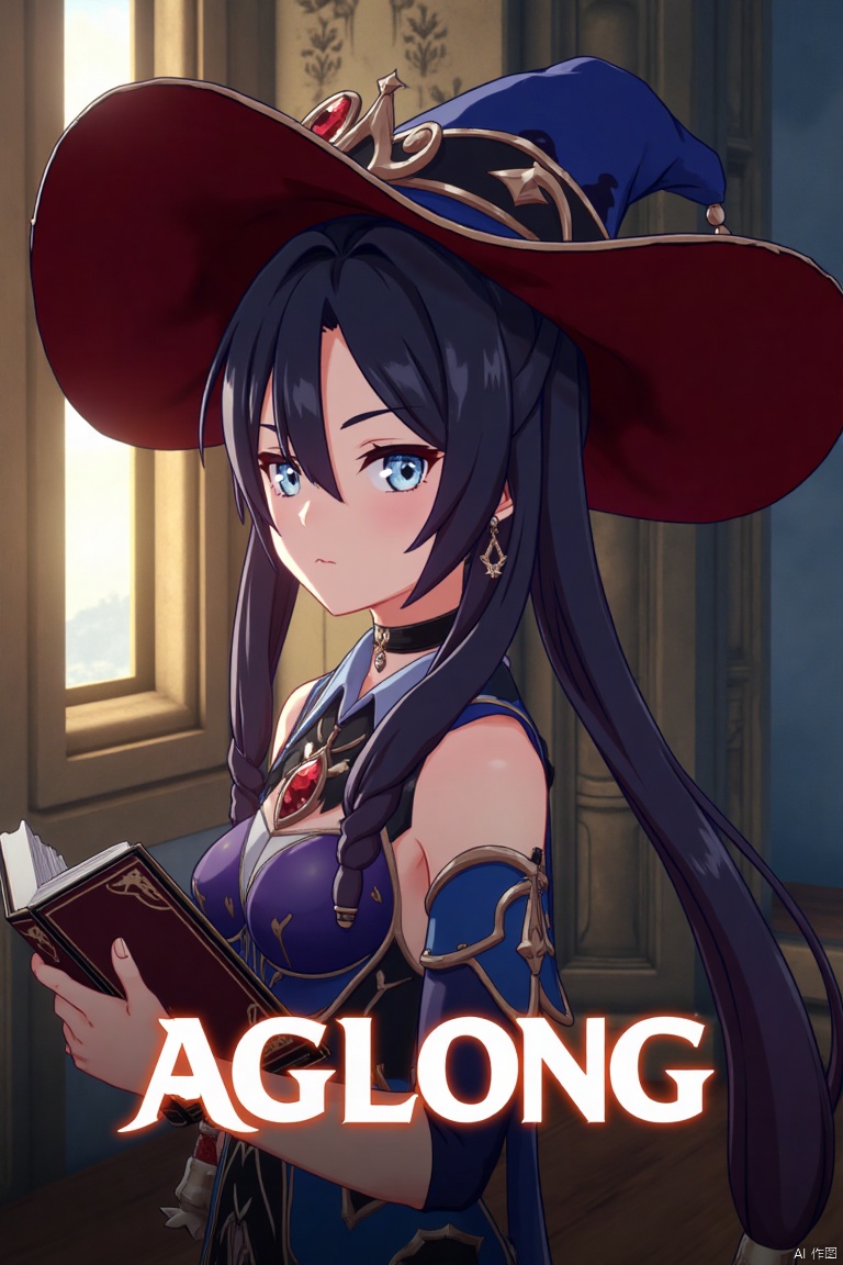 1girl, solo, long black hair with bangs, hair between eyes, twintails, and a braid, blue eyes, looking at viewer, closed mouth, wearing a witch hat, black choker, earrings, and jewelry, upper body shot from the side, holding a book, cinematic lighting, dramatic atmosphere, high contrast, sharp focus, detailed background with a poster theme, dynamic composition, three-dimensional text AGlong in the middle below, movie poster style, inspired by Mona from Genshin Impact.
