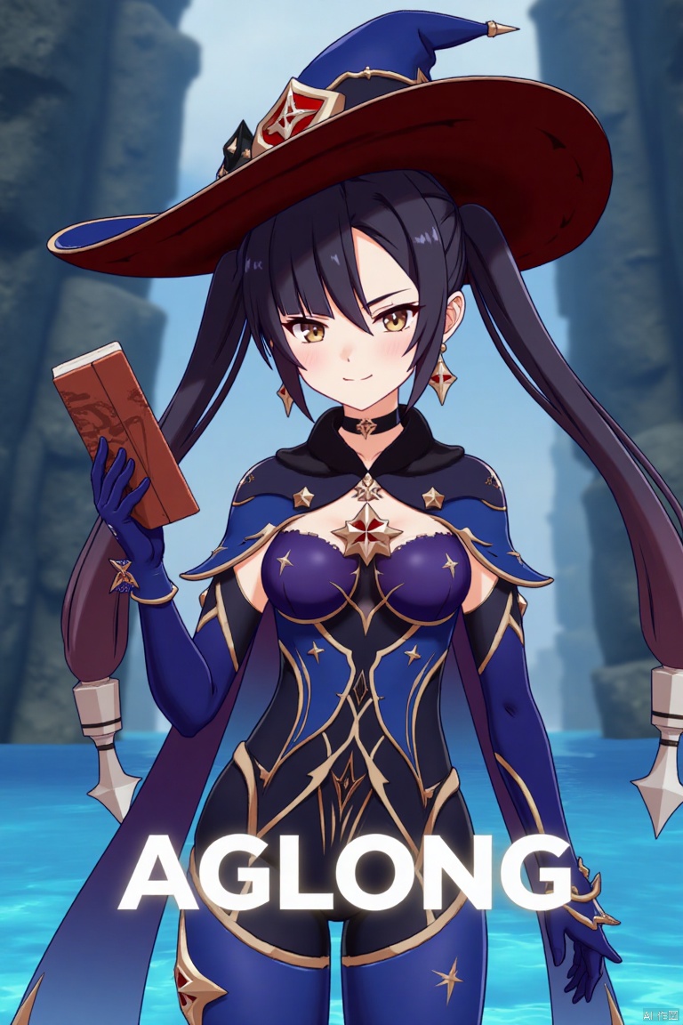 1girl, solo, long black hair with bangs, twintails, medium breasts, small breasts, wearing a witch hat, blue headwear, black gloves, detached sleeves, cape, leotard, bodystocking, thighlet, pantyhose, jewelry, earrings, smiling, looking at viewer, holding a book, standing in water with star symbols, cinematic lighting, dramatic atmosphere, high contrast, sharp focus, detailed background with a poster theme, dynamic composition, three-dimensional text AGlong in the middle below, movie poster style, inspired by Mona from Genshin Impact.