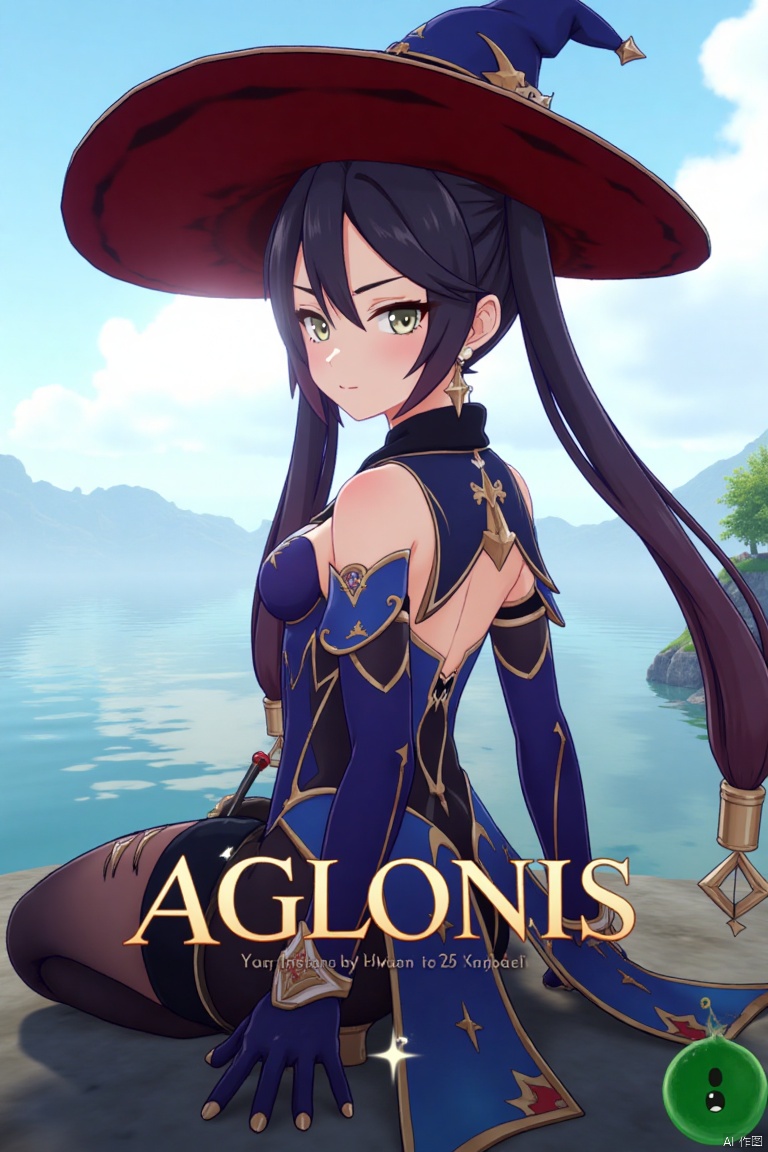 1girl, solo, long black hair with bangs, twintails, hair ornament, green eyes, blush, looking at viewer, sitting in seiza position, bare shoulders, wearing a witch hat, black gloves, detached sleeves, choker, jewelry, earrings, leotard, pantyhose, outdoors under a daytime sky, looking back at water, cinematic lighting, dramatic atmosphere, high contrast, sharp focus, detailed background with a poster theme, dynamic composition, three-dimensional text AGlong in the middle below, movie poster style, inspired by Mona from Genshin Impact, with a slime from Genshin Impact nearby.