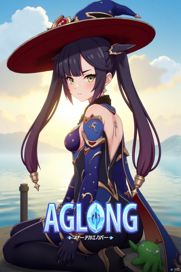 1girl, solo, long black hair with bangs, twintails, hair ornament, green eyes, blush, looking at viewer, sitting in seiza position, bare shoulders, wearing a witch hat, black gloves, detached sleeves, choker, jewelry, earrings, leotard, pantyhose, outdoors under a daytime sky, looking back at water, cinematic lighting, dramatic atmosphere, high contrast, sharp focus, detailed background with a poster theme, dynamic composition, three-dimensional text AGlong in the middle below, movie poster style, inspired by Mona from Genshin Impact, with a slime from Genshin Impact nearby.