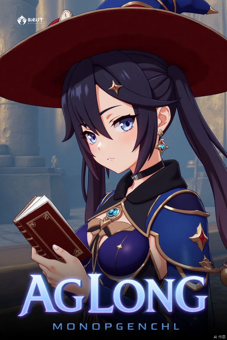 1girl, solo, long black hair with bangs, hair between eyes, twintails, and a braid, blue eyes, looking at viewer, closed mouth, wearing a witch hat, black choker, earrings, and jewelry, upper body shot from the side, holding a book, cinematic lighting, dramatic atmosphere, high contrast, sharp focus, detailed background with a poster theme, dynamic composition, three-dimensional text AGlong in the middle below, movie poster style, inspired by Mona from Genshin Impact.